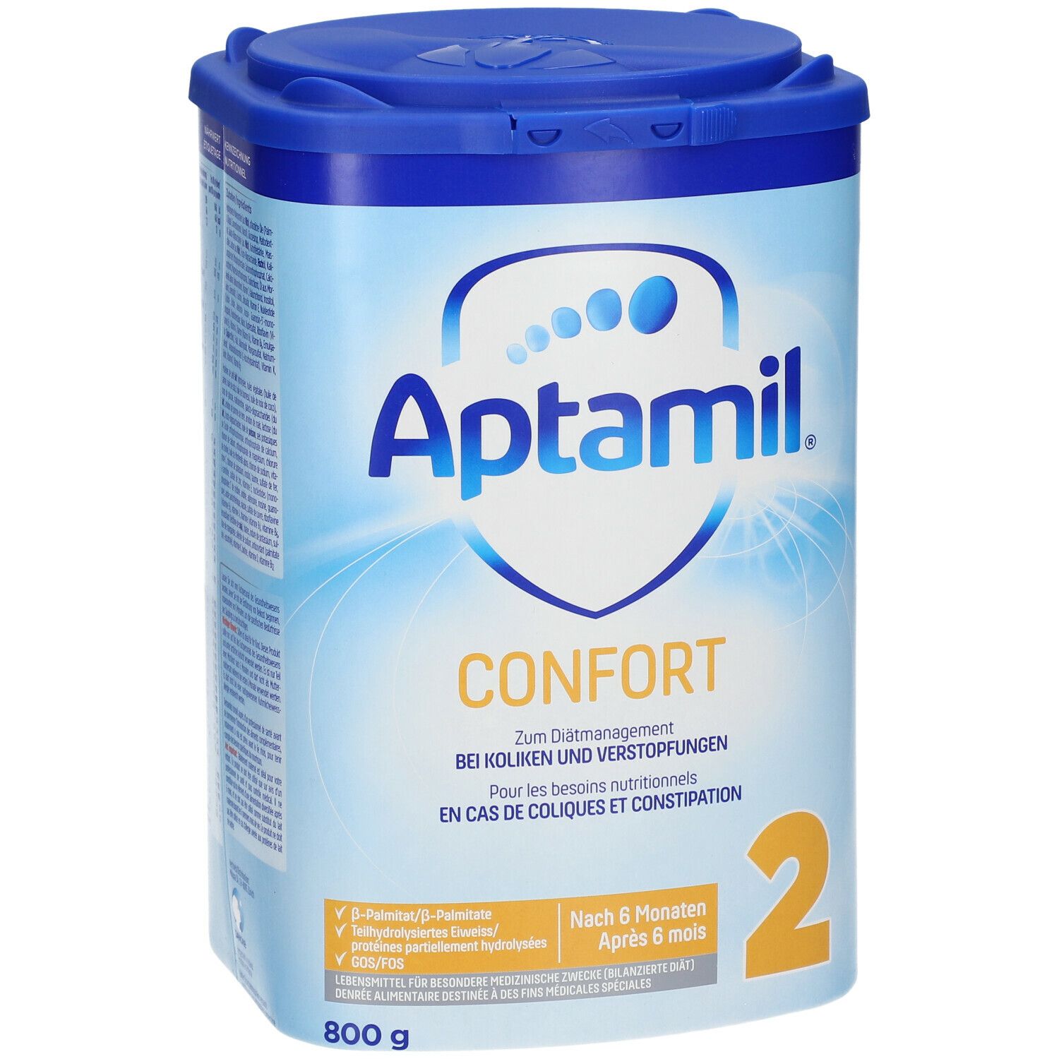 Aptamil Confort 2-Dose. Blau-weiße Dose mit Deckel. Aufschrift: Aptamil, Confort, 2. Für Koliken und Verstopfungen. 800g.