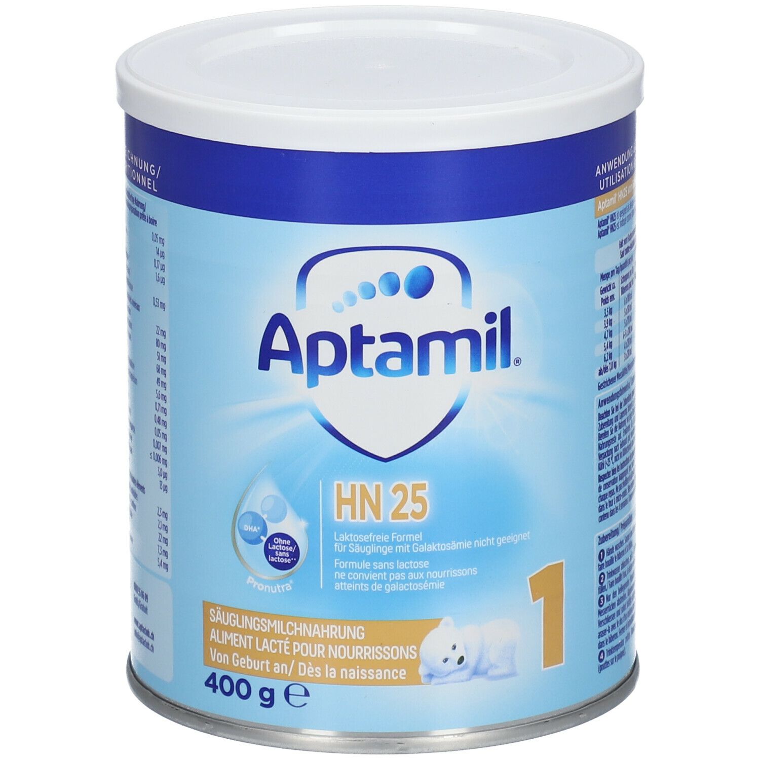 Aptamil HN 25 Säuglingsmilchnahrung in Dose. Blaue und weiße Dose mit Produktinformationen und Logo.