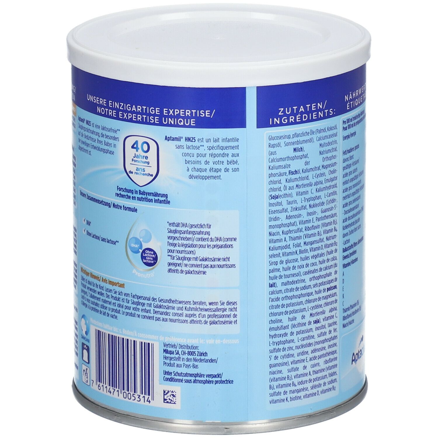 Rückseite der Aptamil HN 25 Dose. Text über die Expertise und Inhaltsstoffe. Enthält auch QR-Code.