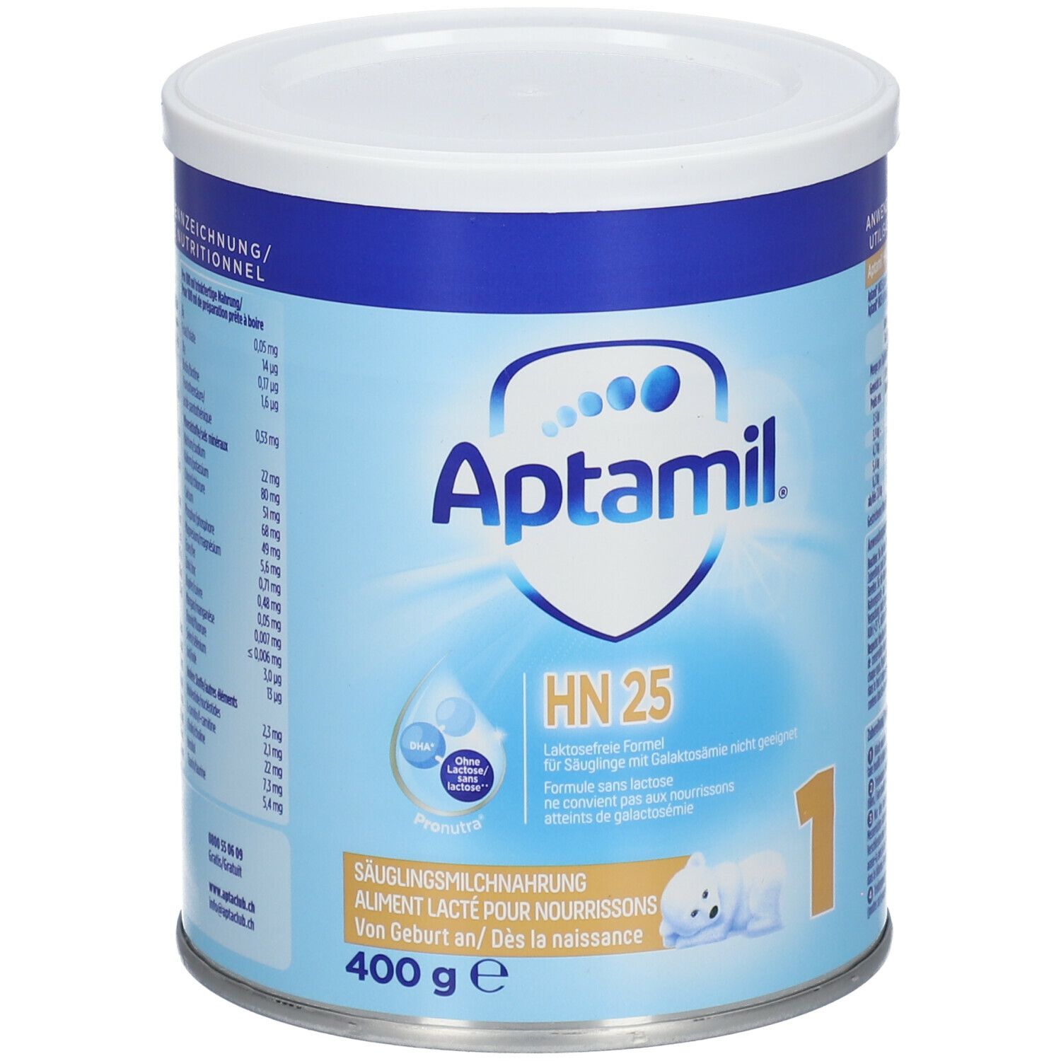 Aptamil HN 25 Säuglingsmilchnahrung in Dose. Blaue und weiße Dose mit Produktinformationen und Logo.