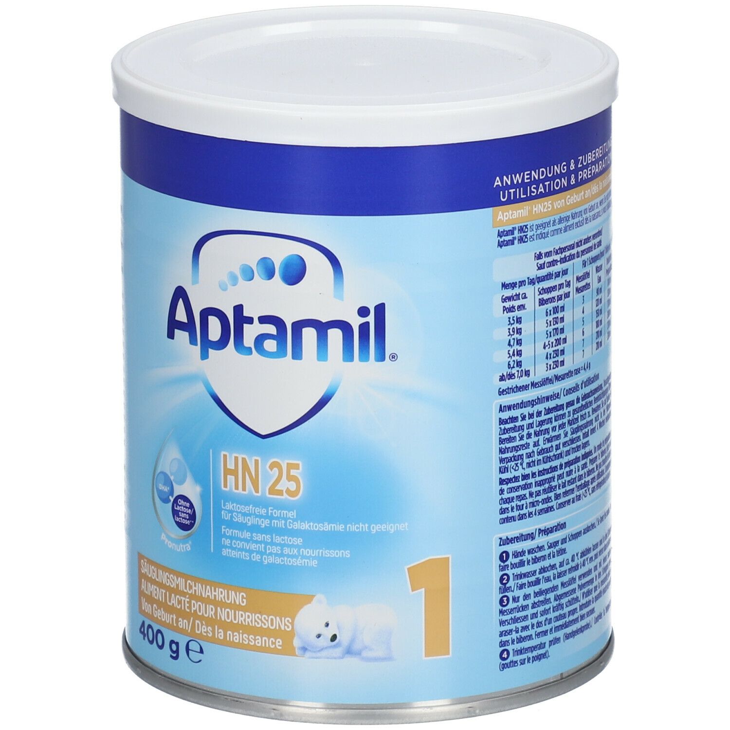 Aptamil HN 25 Säuglingsmilchnahrung in Dose. Blaue und weiße Dose mit Produktinformationen und Logo.
