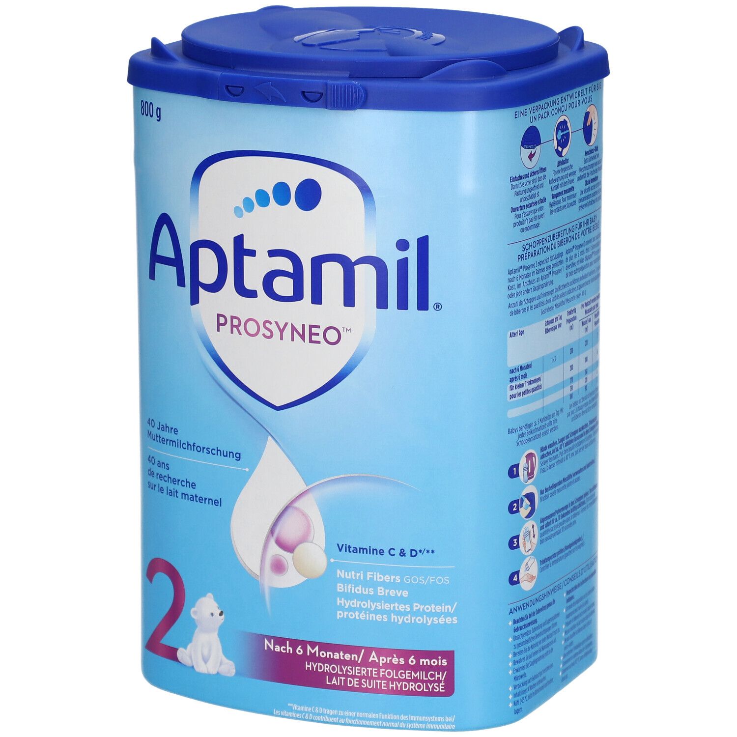 Boîte Aptamil Prosyneo 2 bleue avec couvercle. Inscriptions : Aptamil, Prosyneo, 2. Contient vitamine C & D, Bifidus Breve.