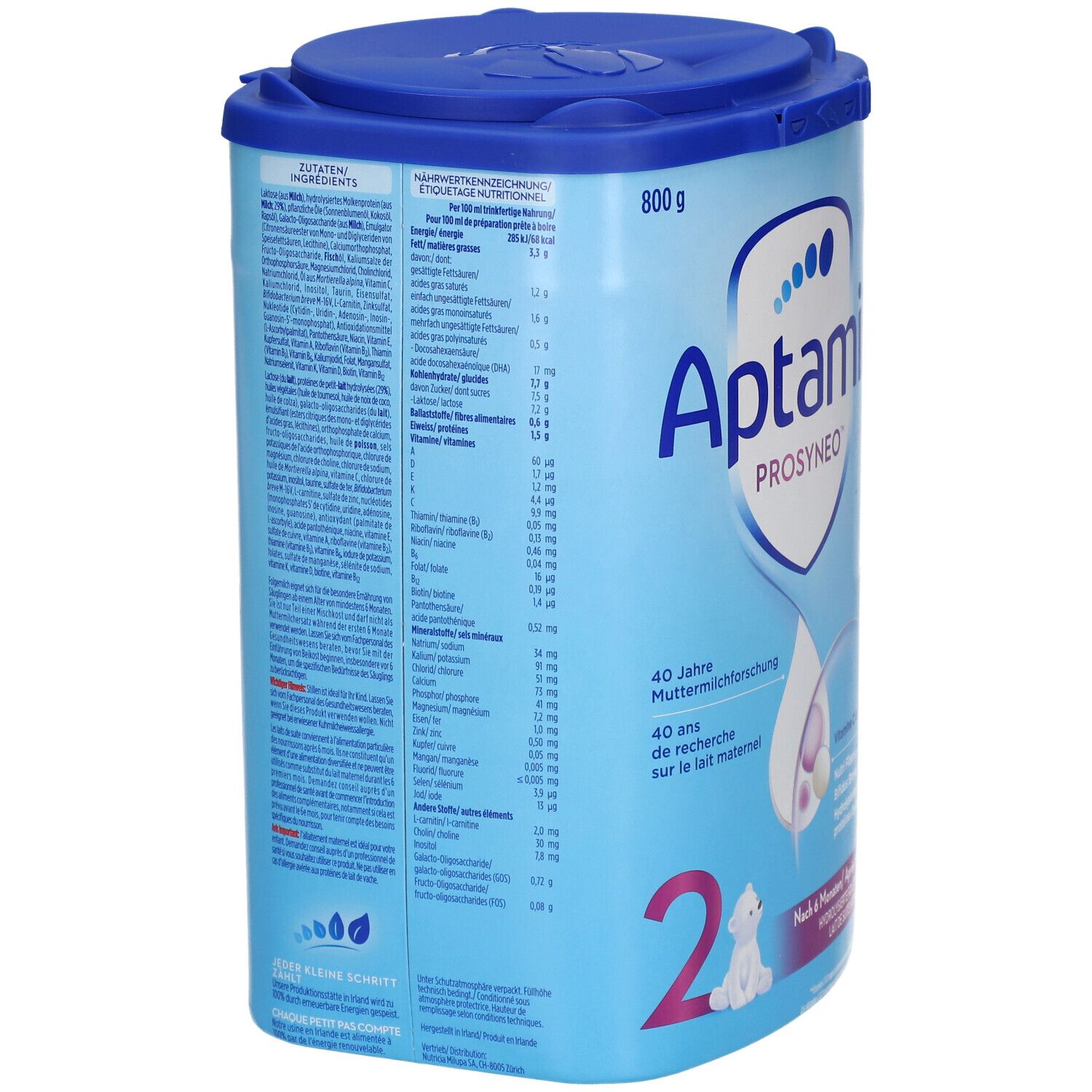 Dos de la boîte Aptamil Prosyneo 2. Contient informations nutritionnelles et liste des ingrédients. Boîte bleue avec couvercle.