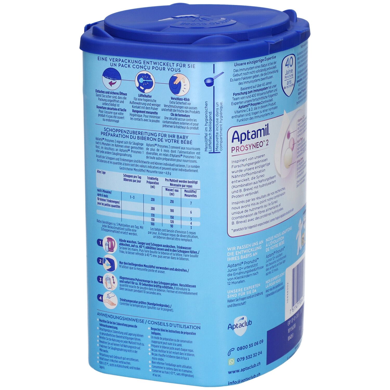 Dos de la boîte Aptamil Prosyneo 2. Contient instructions de préparation. Boîte bleue avec couvercle.