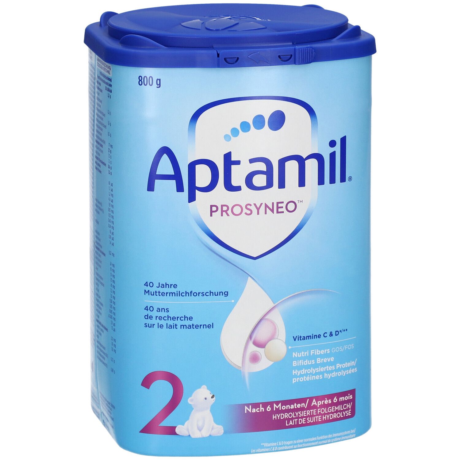 Boîte Aptamil Prosyneo 2 bleue avec couvercle. Inscriptions : Aptamil, Prosyneo, 2. Contient vitamine C & D, Bifidus Breve.