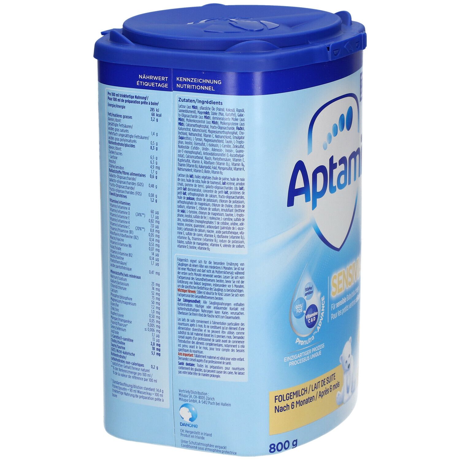 Dos de la boîte Aptamil Sensivia 2. Contient des informations nutritionnelles, une liste d'ingrédients et des informations. 800g. Illustration d'ours blanc.