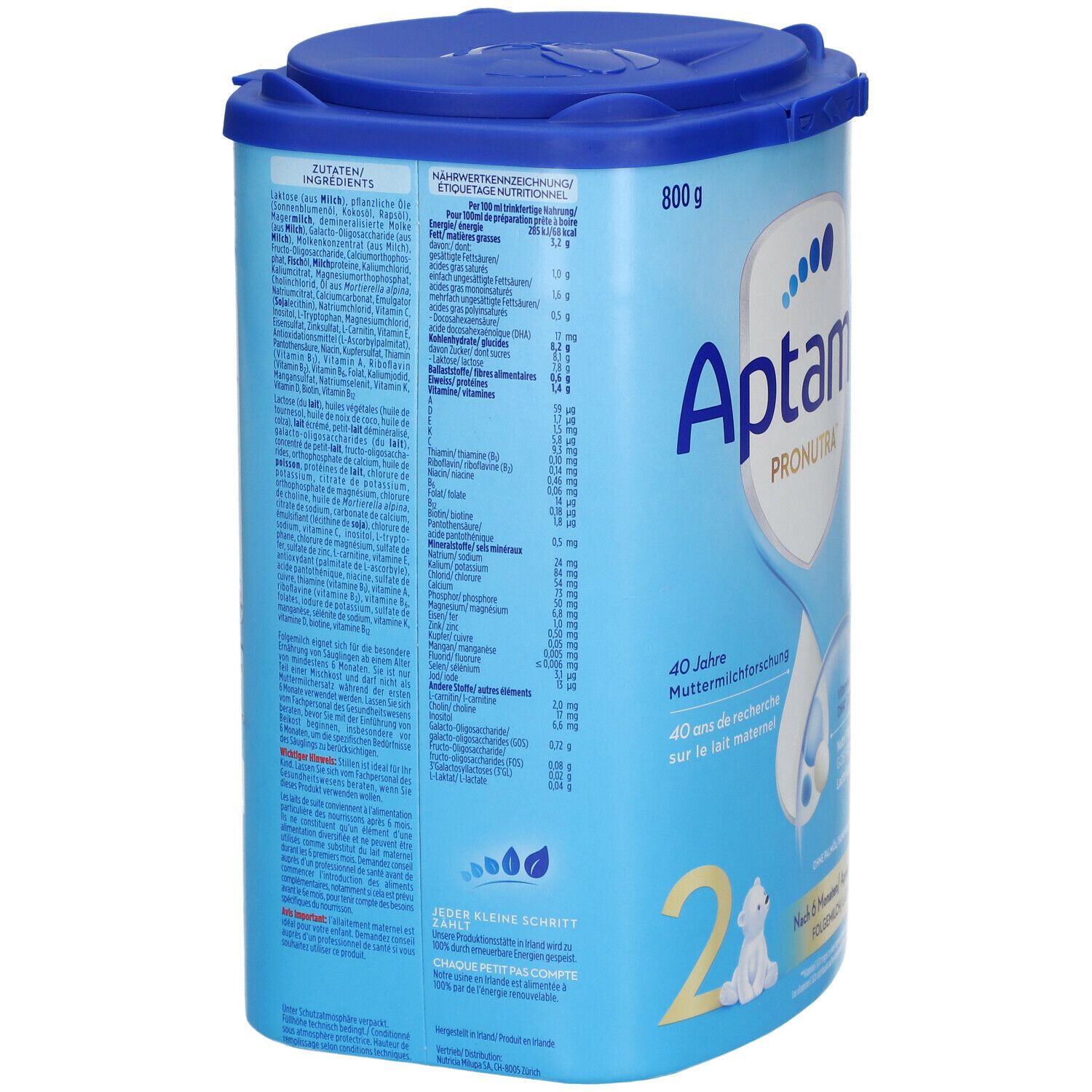 Aptamil Pronutra 2 Dose, Rückseite. Enthält Zutaten, Nährwertangaben. Blaue Dose mit Deckel. 800g. Text in Deutsch.