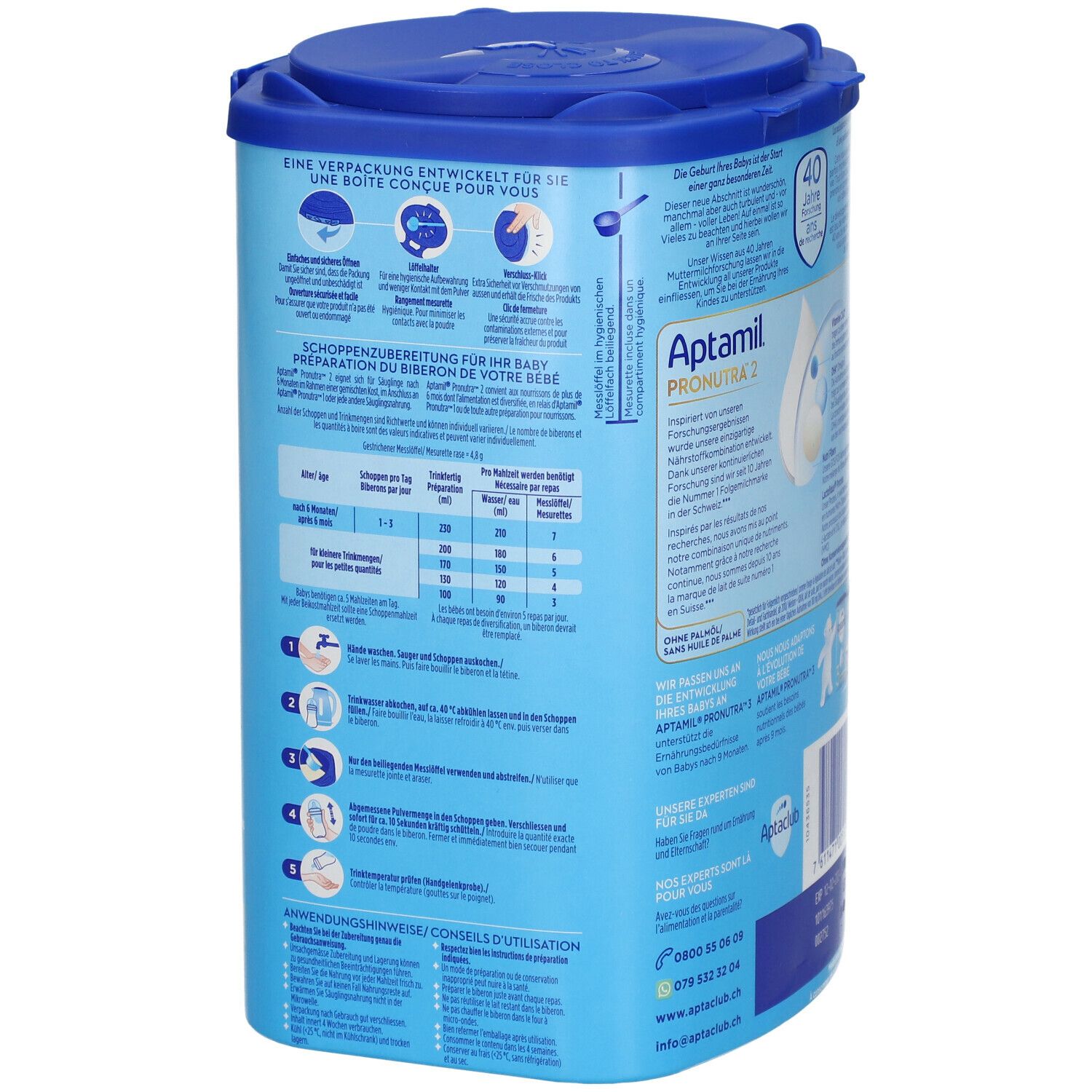 Aptamil Pronutra 2 Dose, Rückseite. Dosierungsanleitung. Blaue Dose mit Deckel. 800g. Text in Deutsch.
