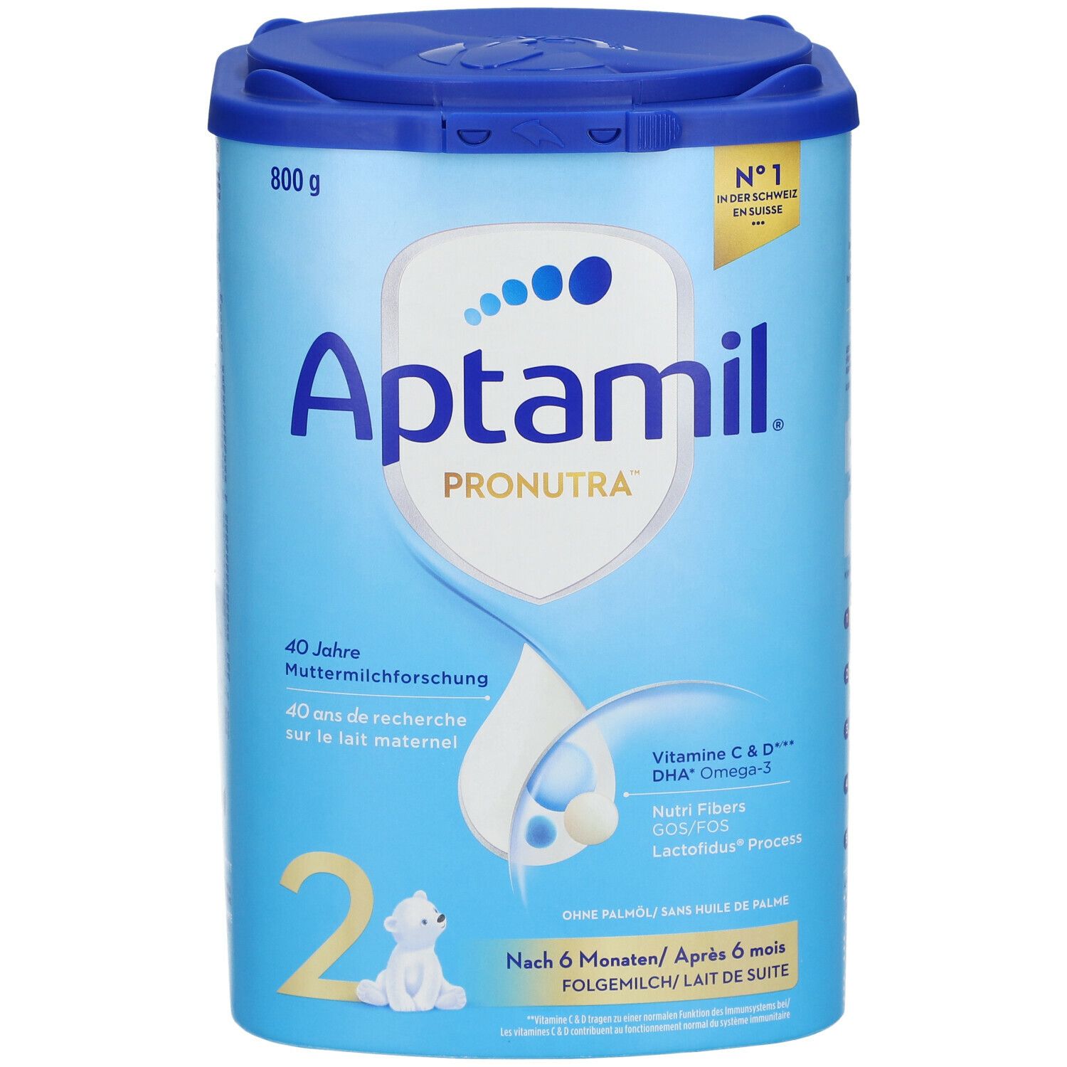 Aptamil Pronutra 2 Folgemilch-Dose. Blau, mit Deckel. 800g. Enthält Vitamin C & D, DHA Omega-3. Mit Logo und Text.