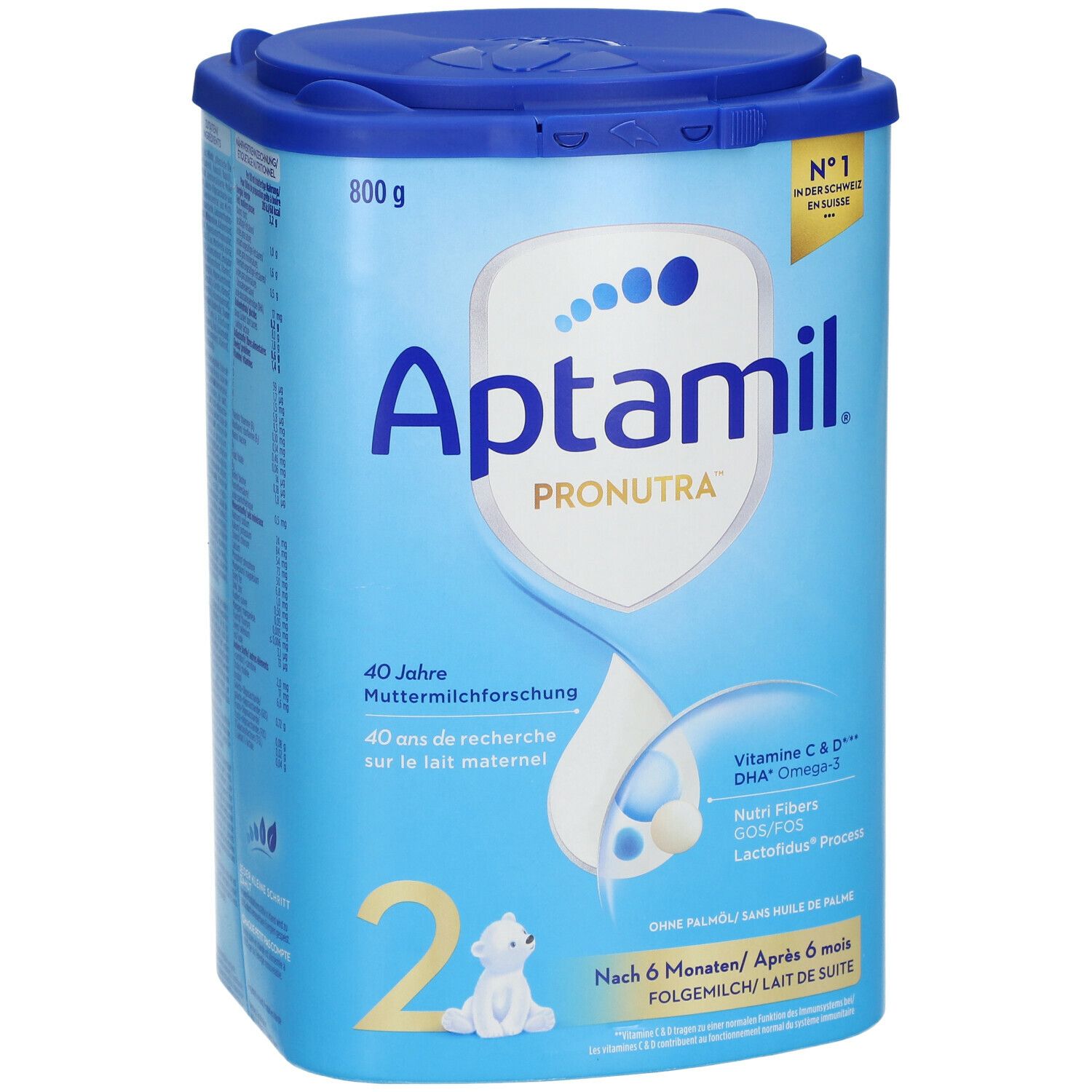 Aptamil Pronutra 2 Folgemilch-Dose. Blau, mit Deckel. 800g. Enthält Vitamin C & D, DHA Omega-3. Mit Logo und Text.