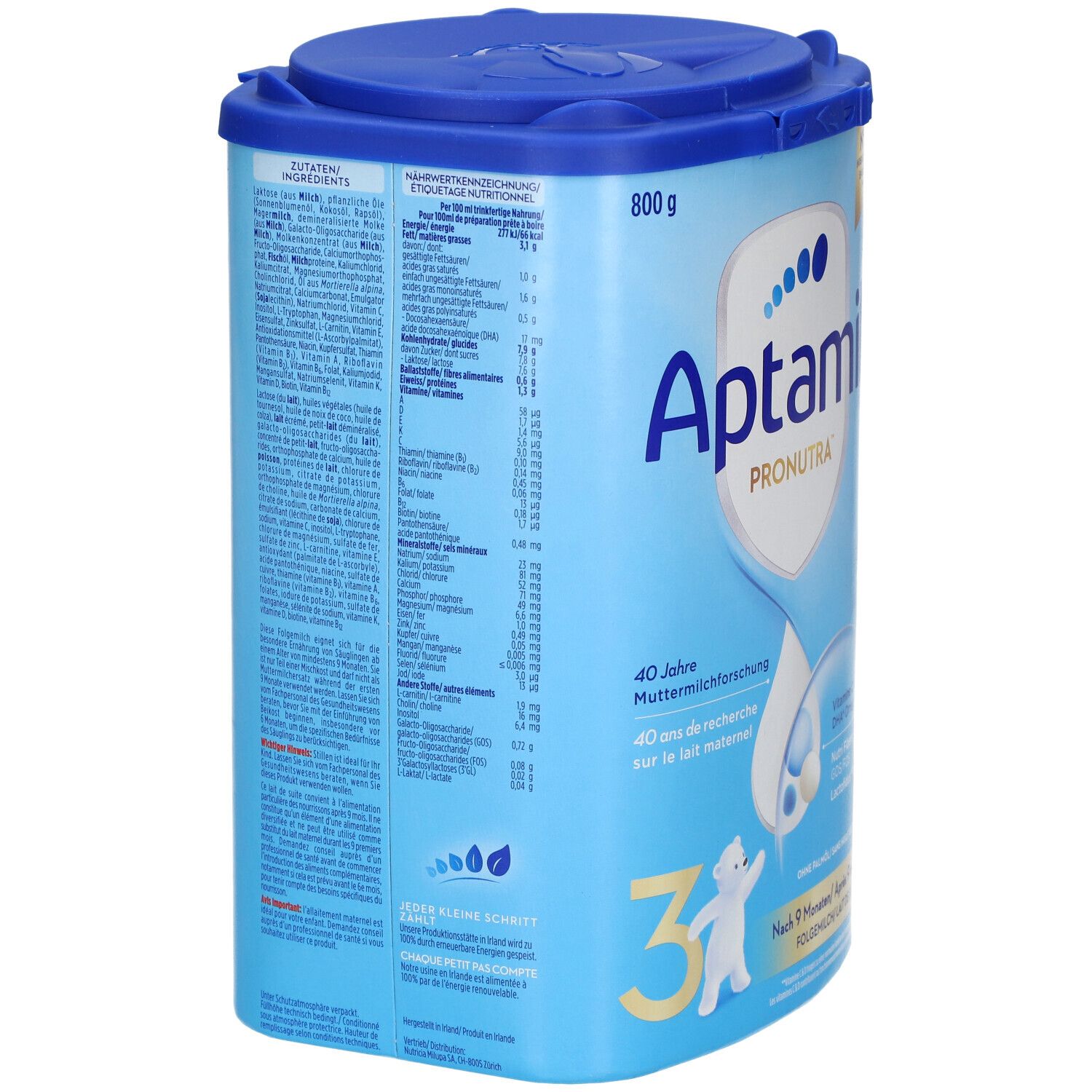 Aptamil Pronutra 3 Folgemilch-Dose. Rückseite mit Nährwertangaben. Enthält Vitamine und Mineralstoffe. 800g.
