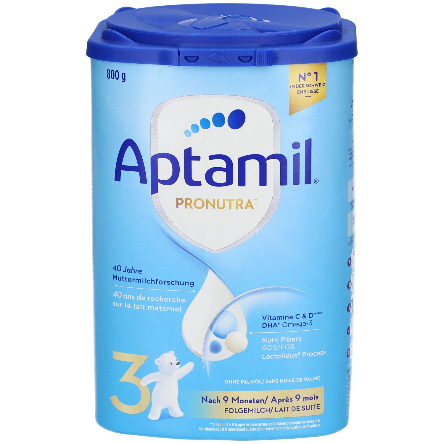 Aptamil Pronutra 3 Folgemilch-Dose. Blau-weiß, mit Deckel. Enthält Vitamin C & D, DHA Omega-3, Nutri Fibers. 800g.