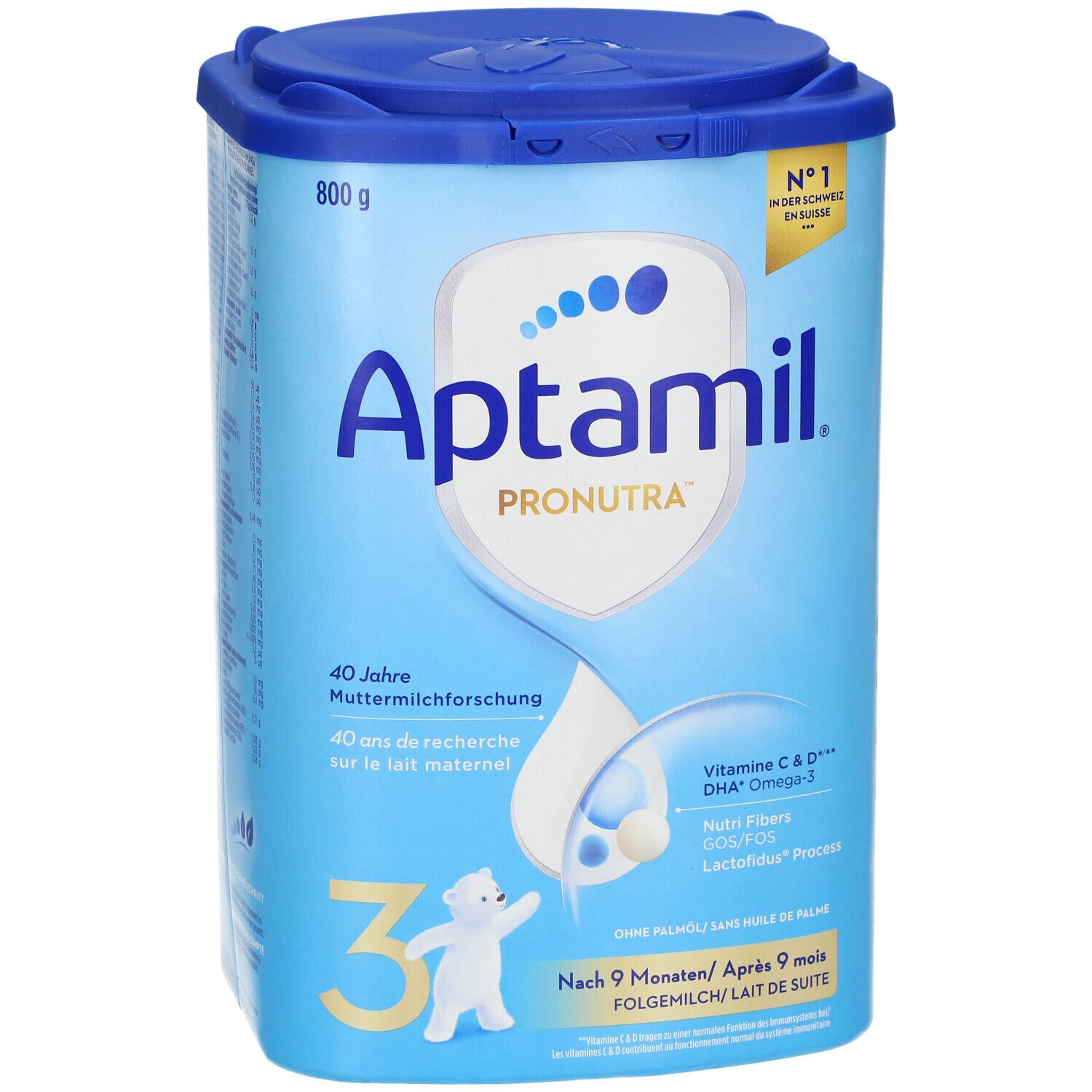 Aptamil Pronutra 3 Folgemilch-Dose. Blau-weiß, mit Deckel. Enthält Vitamin C & D, DHA Omega-3, Nutri Fibers. 800g.