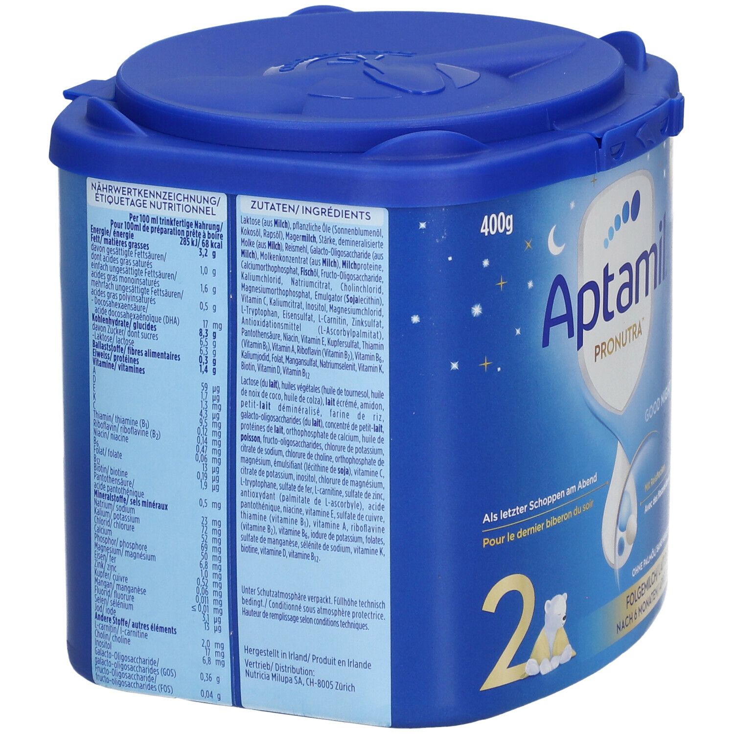 Blaue Dose Aptamil Pronutra Good Night. Rückseite mit Nährwertangaben und Zutaten. 400g. Deckel mit Verschluss.