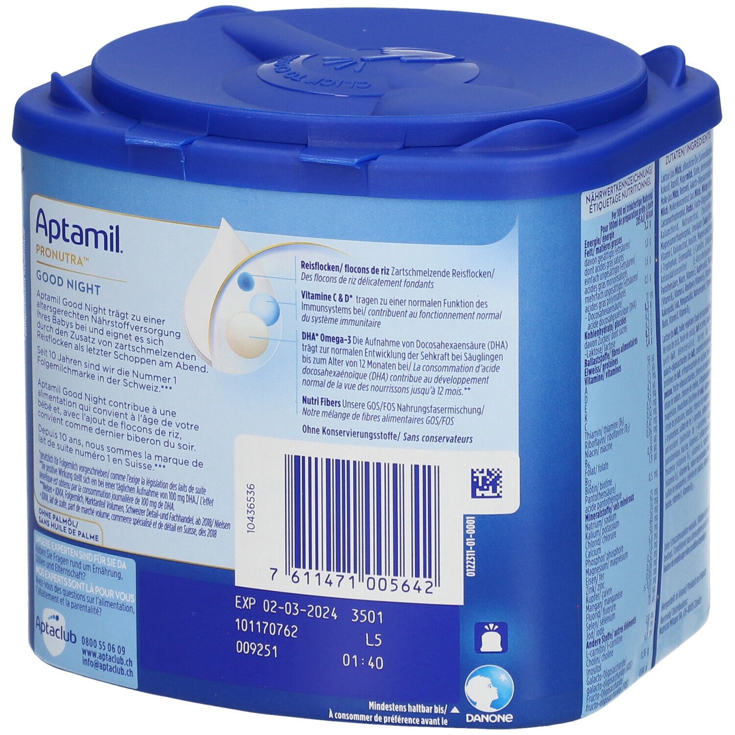 Blaue Dose Aptamil Pronutra Good Night. Rückseite mit Text und Barcode. Haltbarkeit und Produktionsdaten. Deckel.