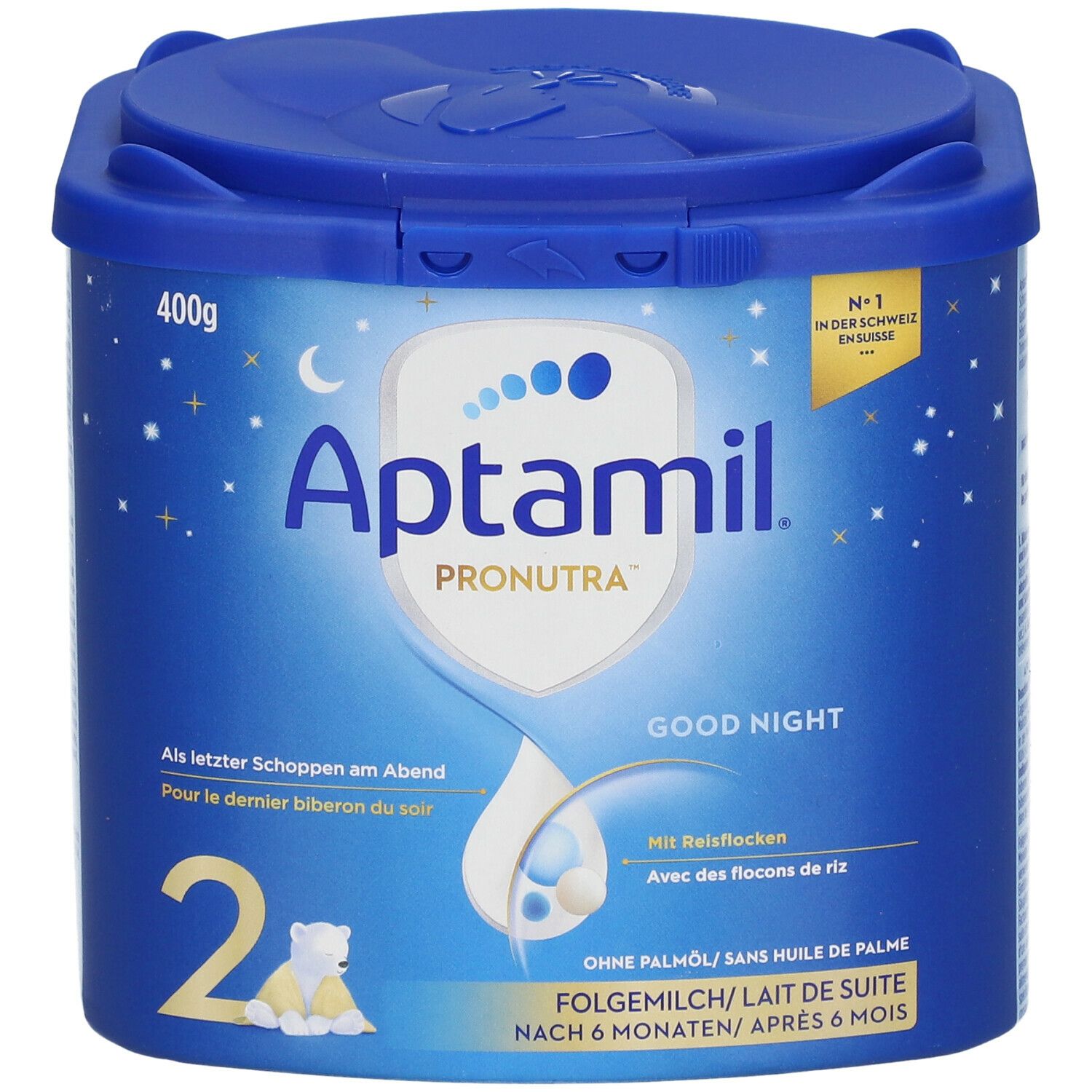 Blaue Dose Aptamil Pronutra Good Night, 400g. Mit Reisflocken. Für Babys ab 6 Monaten. Deckel mit Verschluss.