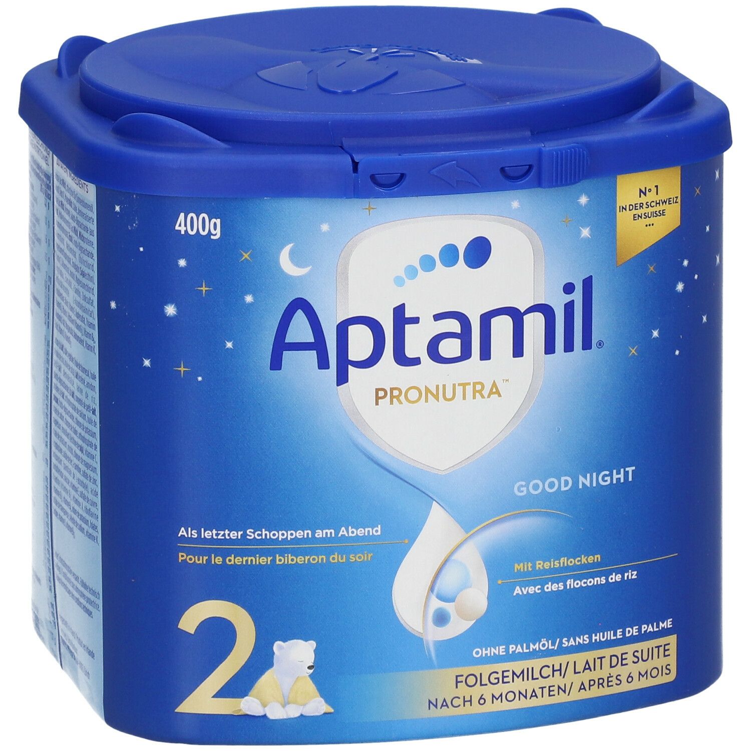 Blaue Dose Aptamil Pronutra Good Night, 400g. Mit Reisflocken. Für Babys ab 6 Monaten. Deckel mit Verschluss.