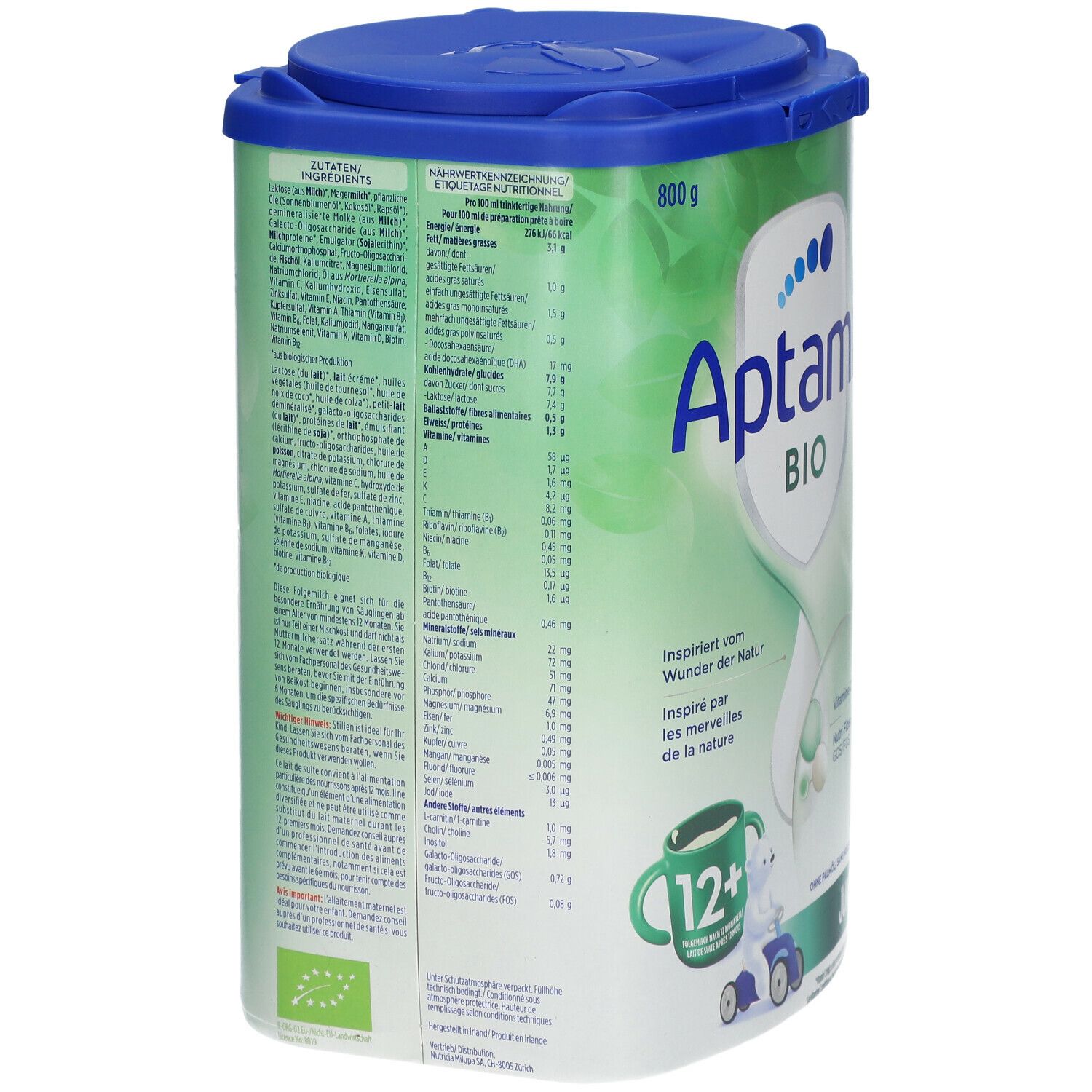 Boîte Aptamil Bio Junior 12+. Dos avec informations nutritionnelles et liste des ingrédients. Label bio.
