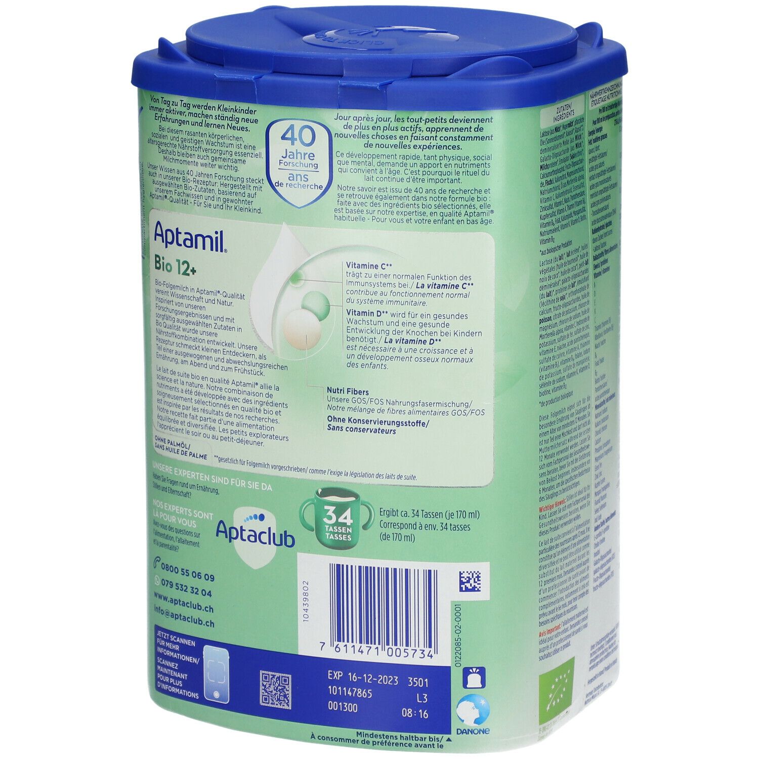 Boîte Aptamil Bio 12+. Dos avec informations, instructions de préparation et coordonnées. Label bio.