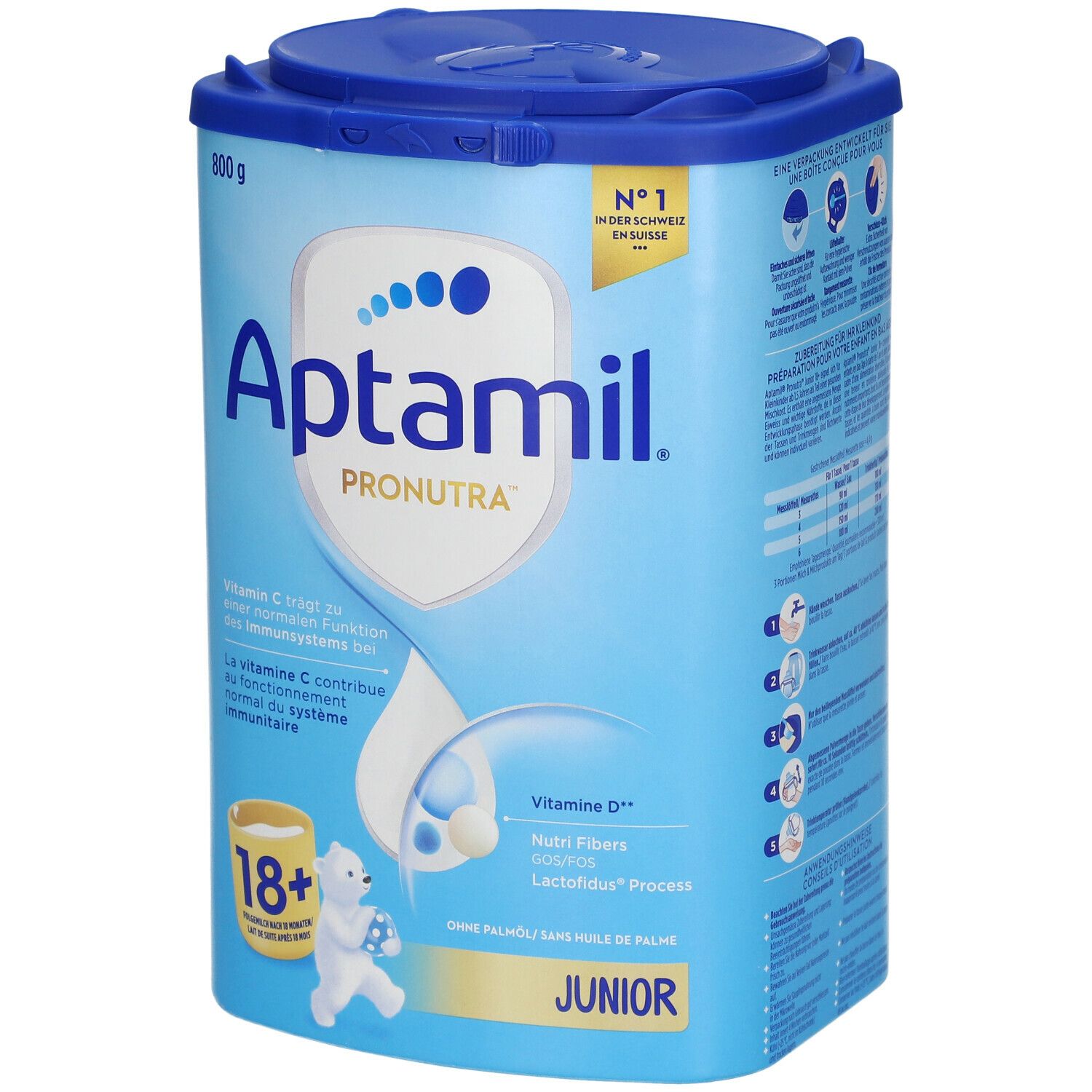 Aptamil Pronutra Junior 18+ in Dose. Blaue Dose mit Deckel, 800g. Enthält Vitamin C und D. Mit Nährfasern.
