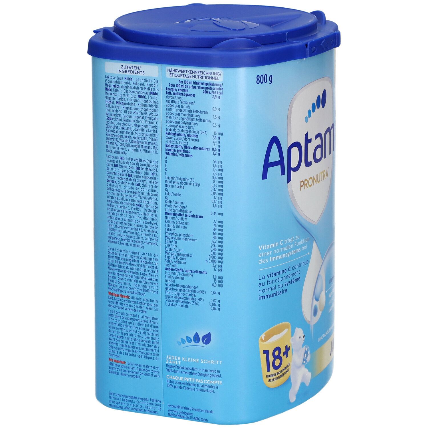 Aptamil Pronutra Junior 18+ Dose. Rückseite mit Zutatenliste und Nährwertangaben. Blaue Dose mit Deckel.