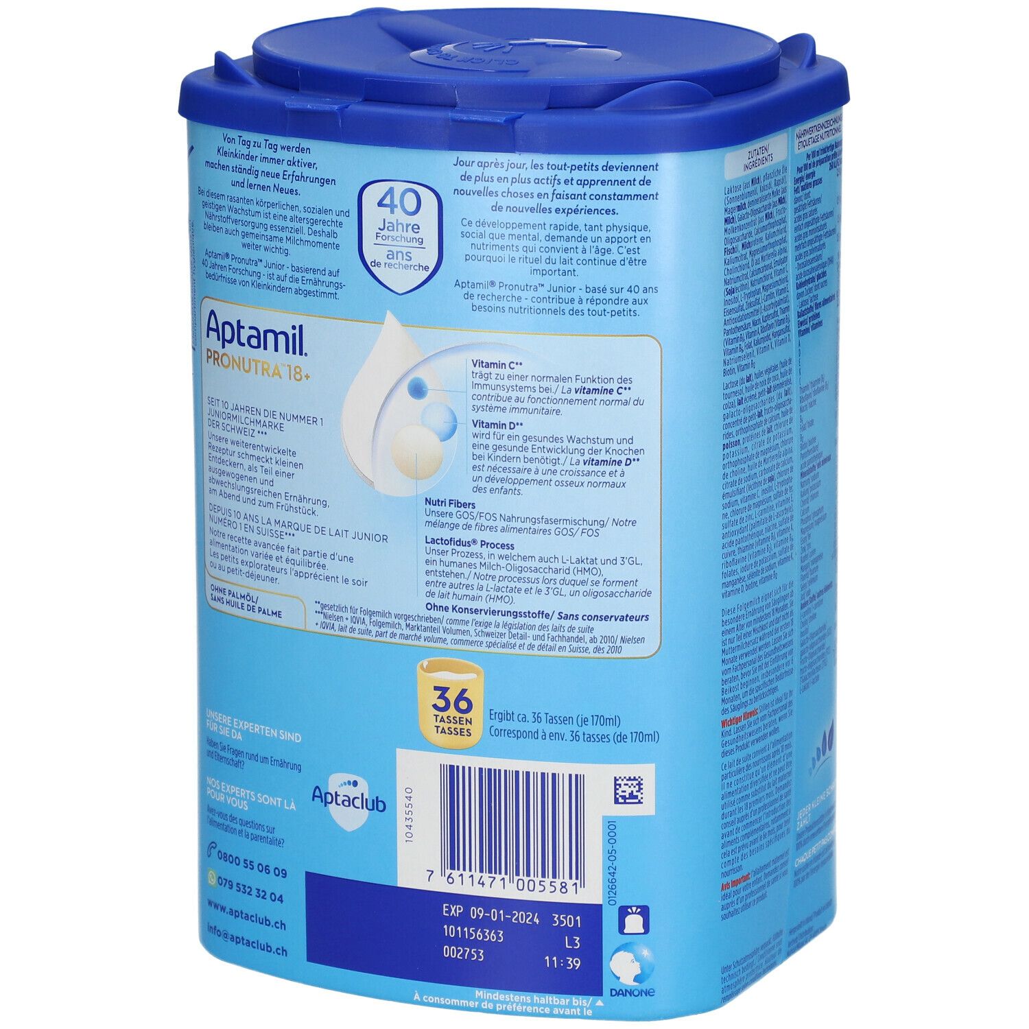 Aptamil Pronutra Junior 18+ Dose. Rückseite mit Informationen. Blaue Dose mit Deckel. 36 Portionen.