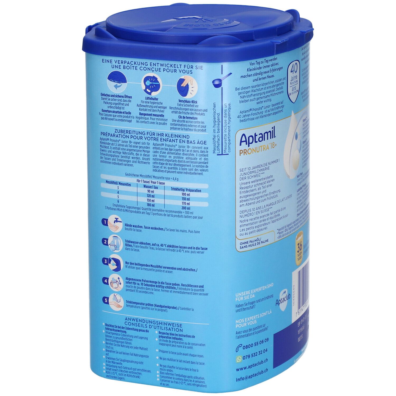 Aptamil Pronutra Junior 18+ Dose. Rückseite mit Zubereitungshinweisen. Blaue Dose mit Deckel.