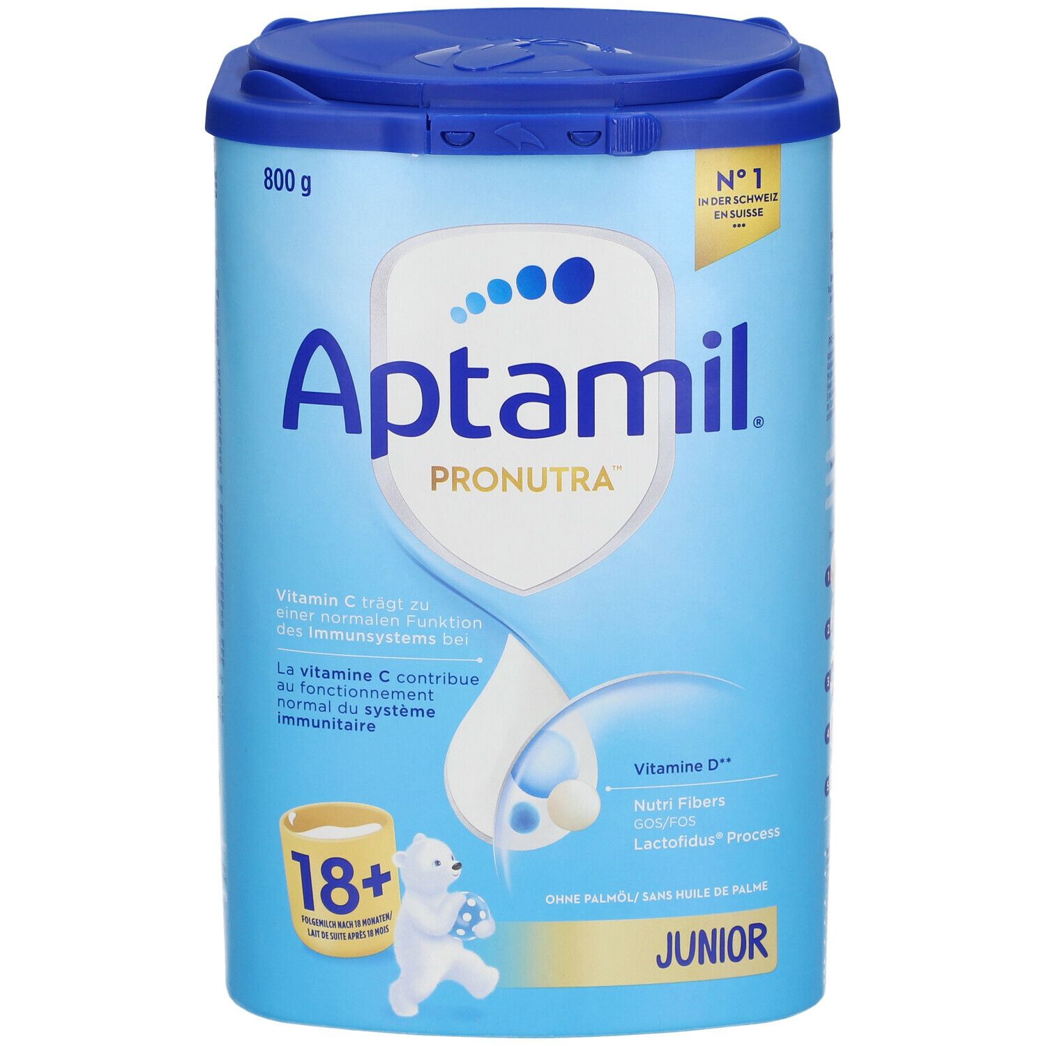 Aptamil Pronutra Junior 18+ Dose. Blaue Dose mit Deckel, 800g. Enthält Vitamin C und D. Mit Nährfasern.