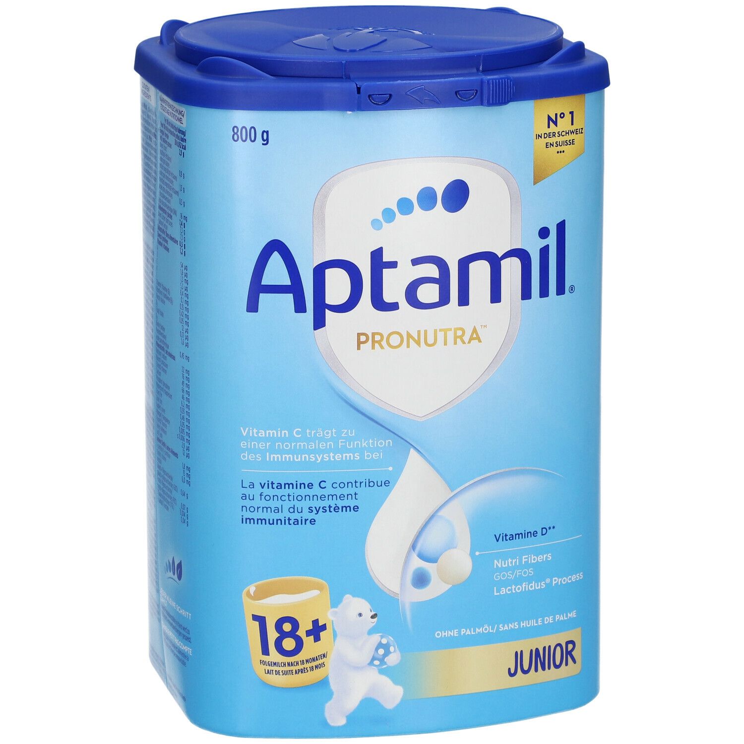Aptamil Pronutra Junior 18+ Dose. Blaue Dose mit Deckel, 800g. Enthält Vitamin C und D. Mit Nährfasern.