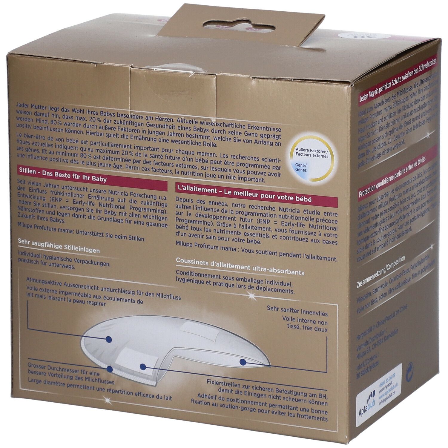 Verpackung von Milupa proFutura™ Mama Stilleinlagen. Text über die Vorteile für das Baby und die Mutter. Illustration.