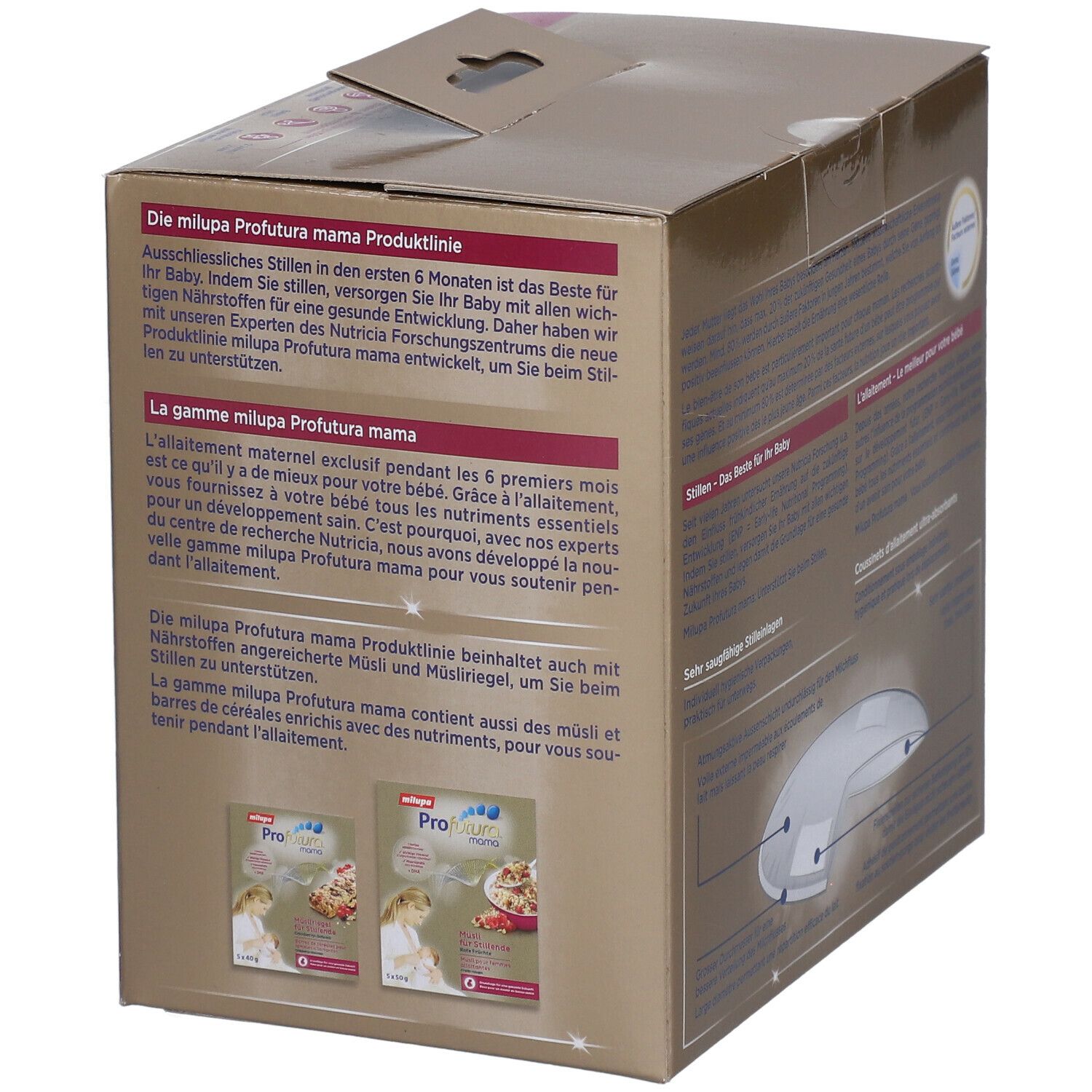 Verpackung von Milupa proFutura™ Mama Stilleinlagen. Text über die Produktlinie und die Unterstützung des Stillens.