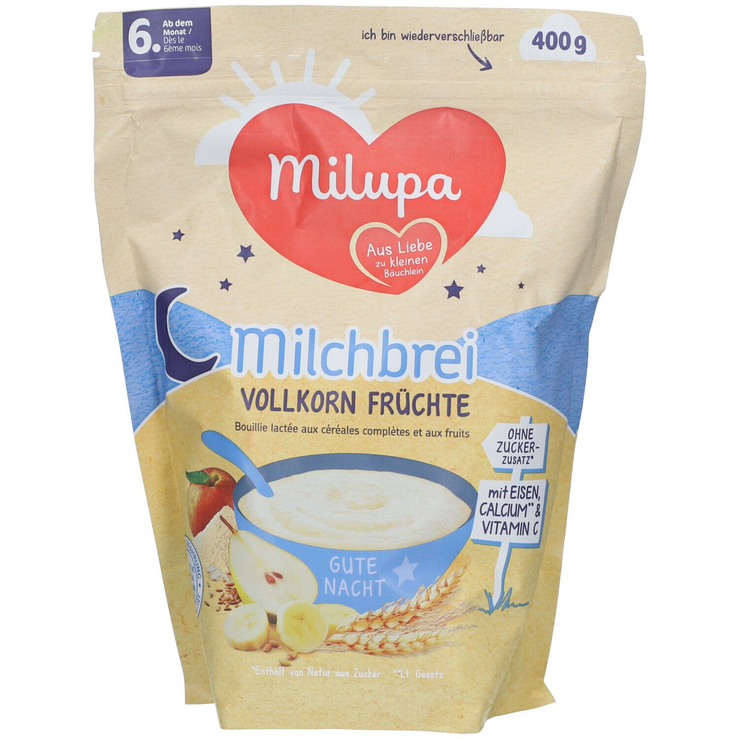 Milupa Milchbrei Vollkorn Früchte Packung. 400g. Mit Eisen, Calcium & Vitamin C. Ohne Zuckerzusatz. Ab 6 Monaten.