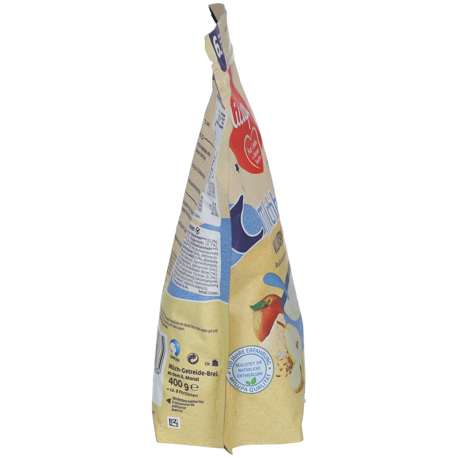 Milupa Milchbrei Vollkorn Früchte Packung, Seitenansicht. Enthält Informationen zu Inhaltsstoffen und Nährwerten.