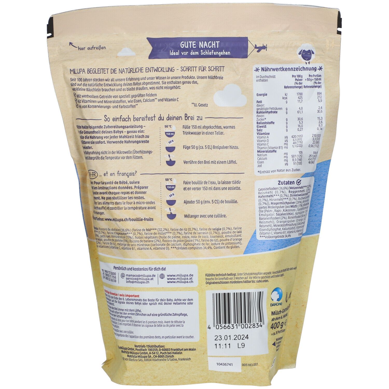 Rückseite der Milupa Milchbrei Vollkorn Früchte Packung. Enthält Zubereitungshinweise und Nährwertangaben.