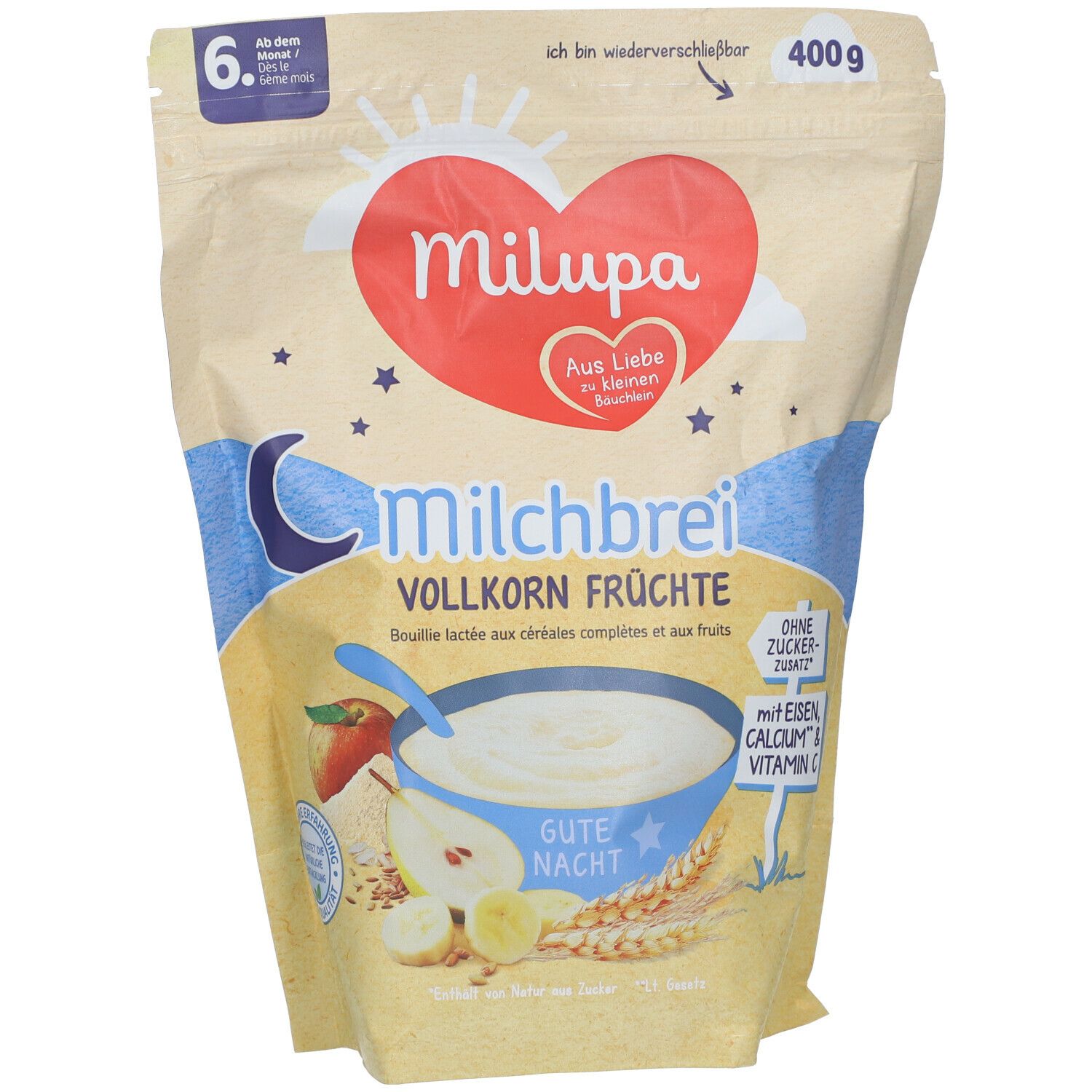 Milupa Milchbrei Vollkorn Früchte Packung. 400g. Mit Eisen, Calcium & Vitamin C. Ohne Zuckerzusatz. Ab 6 Monaten.