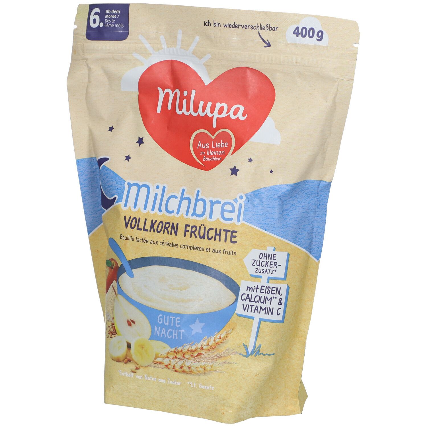 Milupa Milchbrei Vollkorn Früchte Packung. 400g. Mit Eisen, Calcium & Vitamin C. Ohne Zuckerzusatz. Ab 6 Monaten.