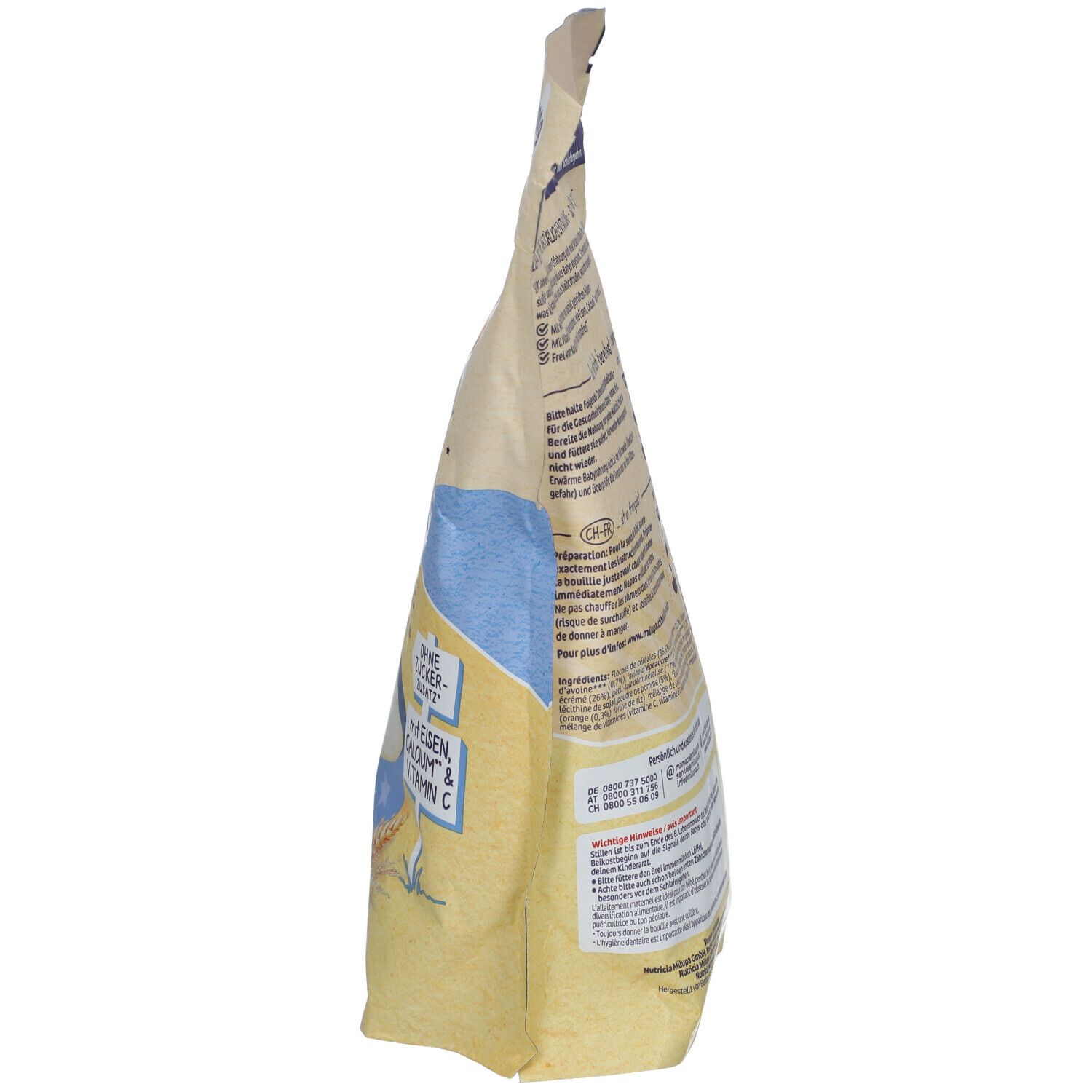Milupa Milchbrei Vollkorn Früchte Packung, Seitenansicht. Enthält Informationen zu Inhaltsstoffen und Nährwerten.