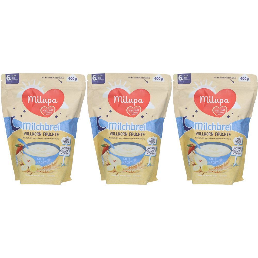 Drei Milupa Milchbrei Vollkorn Früchte Packungen. 400g. Mit Eisen, Calcium & Vitamin C. Ohne Zuckerzusatz. Ab 6 Monaten.