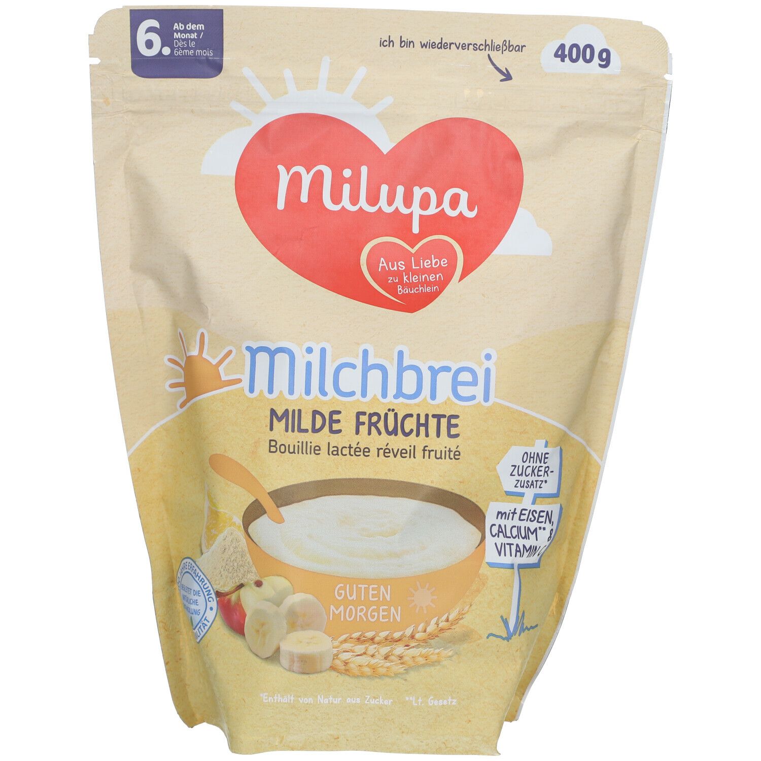 Milupa Milchbrei Milde Früchte. Verpackung mit Produktabbildung, Text und Logo. Enthält Eisen, Calcium und Vitamin.