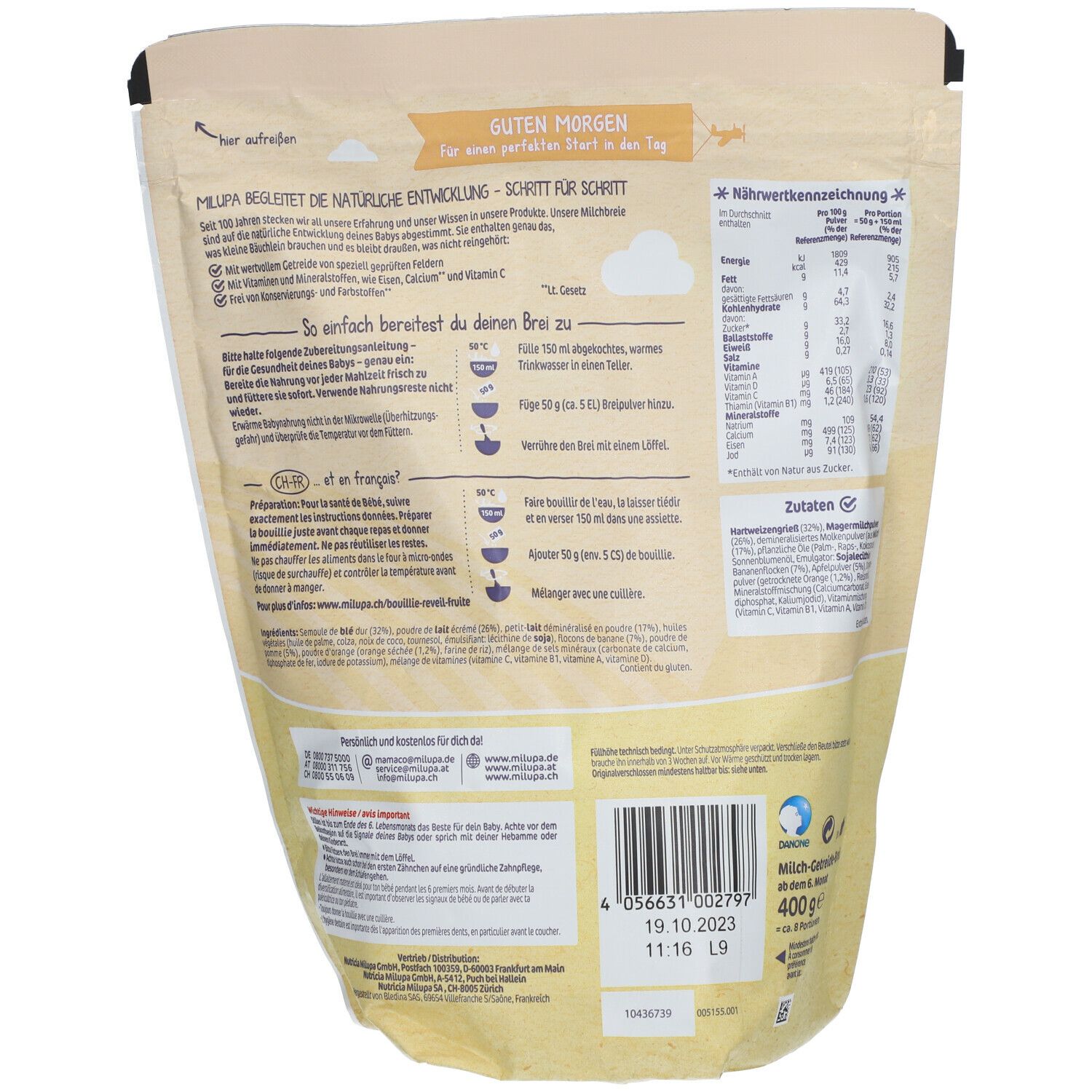 Rückseite der Milupa Milchbrei Milde Früchte Verpackung. Enthält Text, Nährwertangaben und Barcode. 400g.