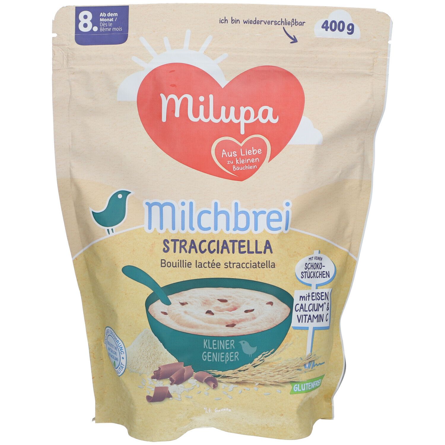 Milupa Milchbrei Stracciatella-Packung. Herz-Logo, blaue Schüssel mit Brei, Schokostückchen. Text: Milchbrei Stracciatella, 400g.