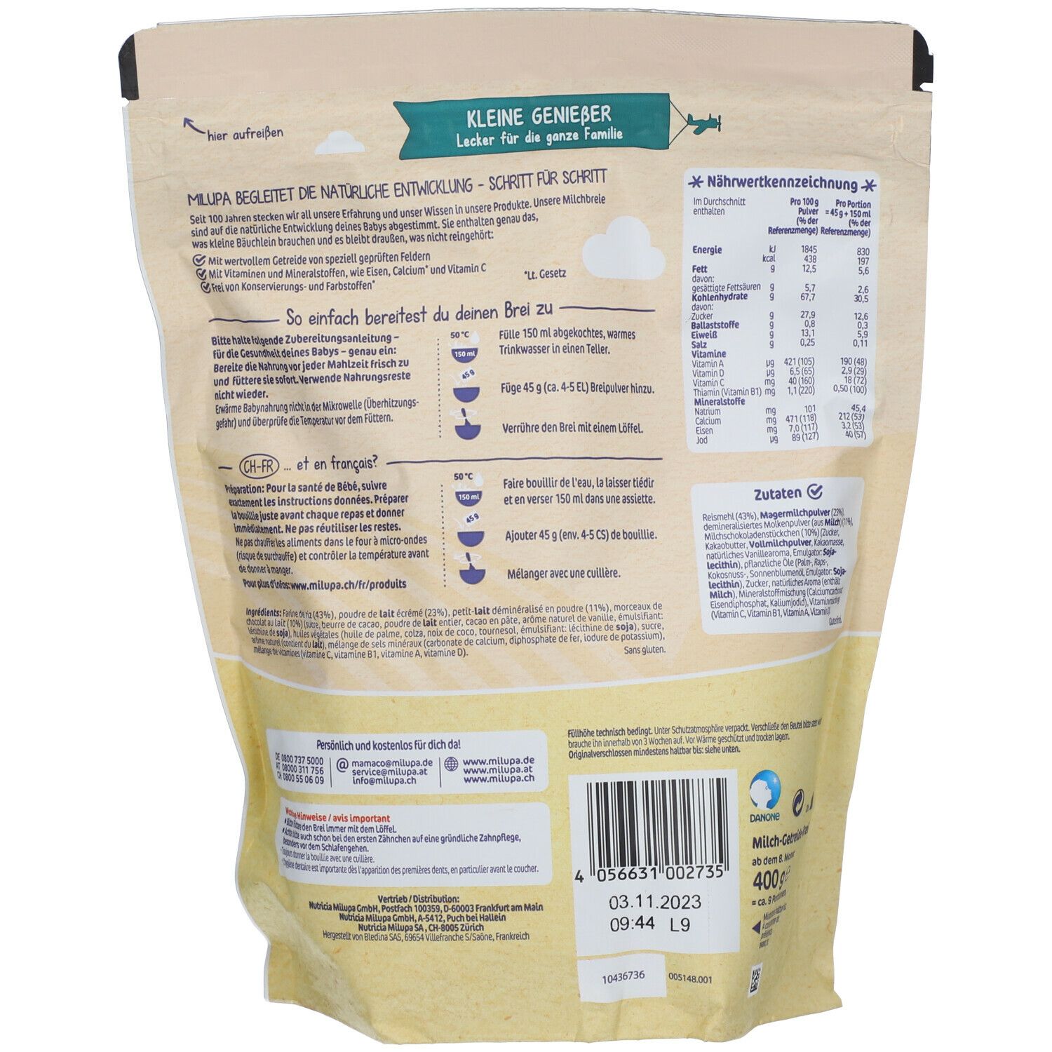 Rückseite der Milupa Milchbrei Stracciatella-Packung. Text: Nährwertkennzeichnung, Zutaten, Haltbarkeitsdatum, Barcode, 400g.