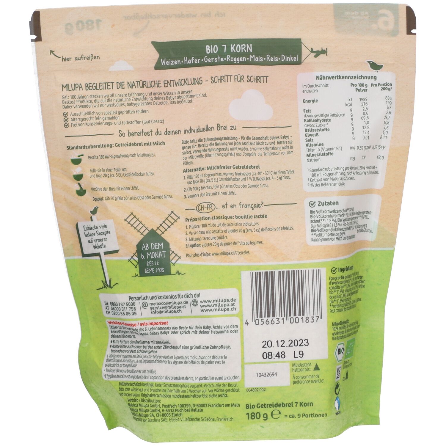 Rückseite der Milupa Bio 7 Korn Getreidebrei-Verpackung. Text mit Nährwertangaben, Zubereitungshinweisen und Haltbarkeitsdatum.