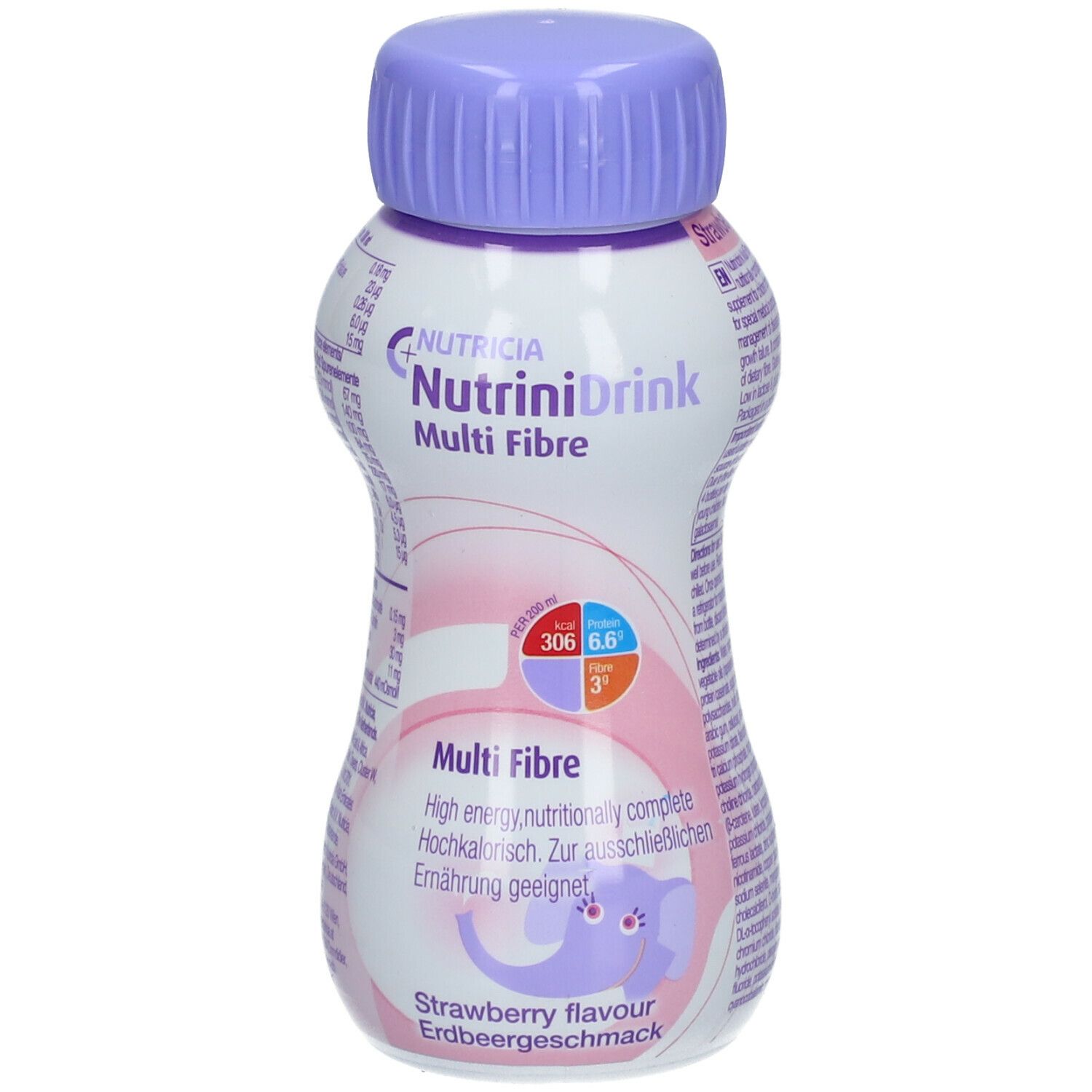 Flasche NutriniDrink Multi Fibre Erdbeere. Weiß, rosa und lila. Deckel lila. Aufschrift: NutriniDrink Multi Fibre, Erdbeergeschmack.