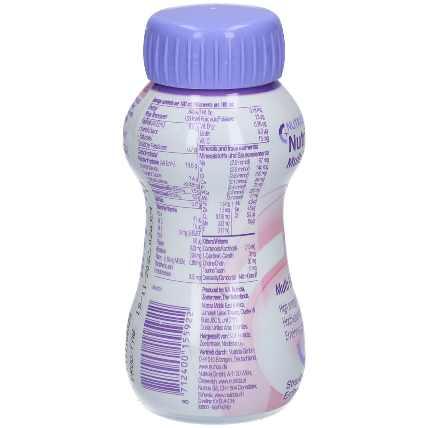 Rückseite der Flasche NutriniDrink Multi Fibre. Enthält Nährwertangaben und Herstellerinformationen. Weiß, rosa und lila.