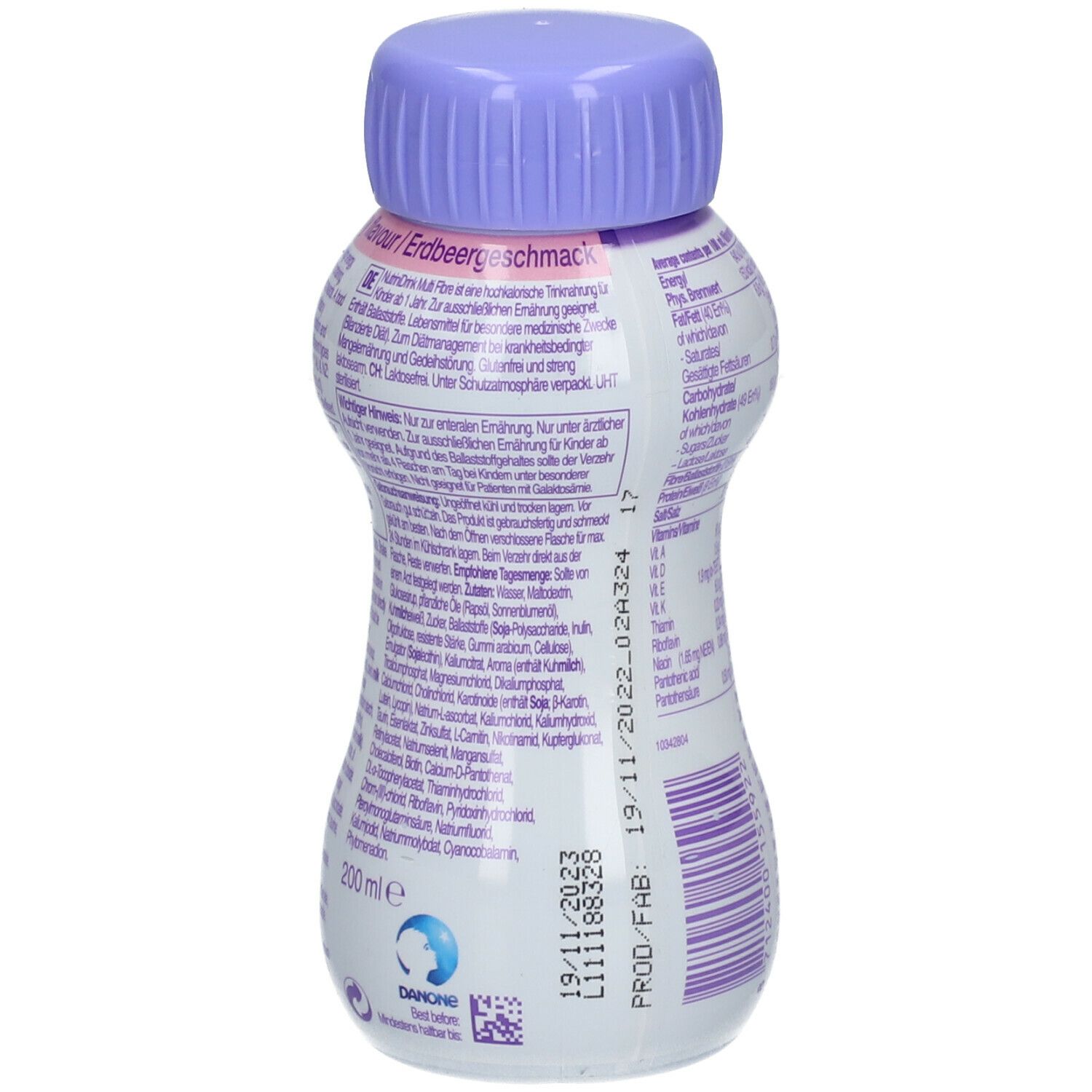 Rückseite der Flasche NutriniDrink Multi Fibre. Enthält Text in mehreren Sprachen, Nährwertangaben und Herstellerinformationen.