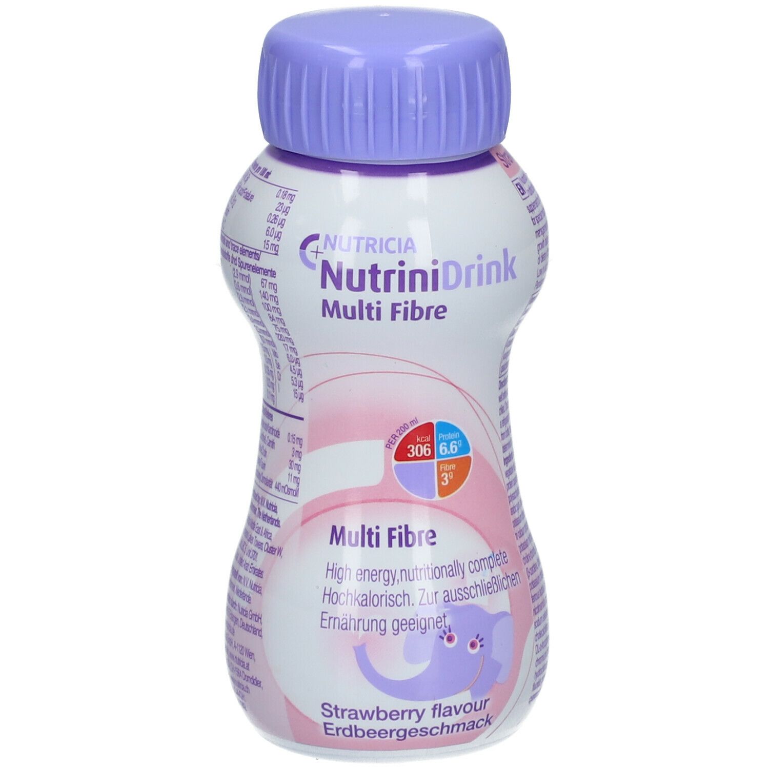 Flasche NutriniDrink Multi Fibre Erdbeere. Weiß, rosa und lila. Deckel lila. Aufschrift: NutriniDrink Multi Fibre, Erdbeergeschmack.