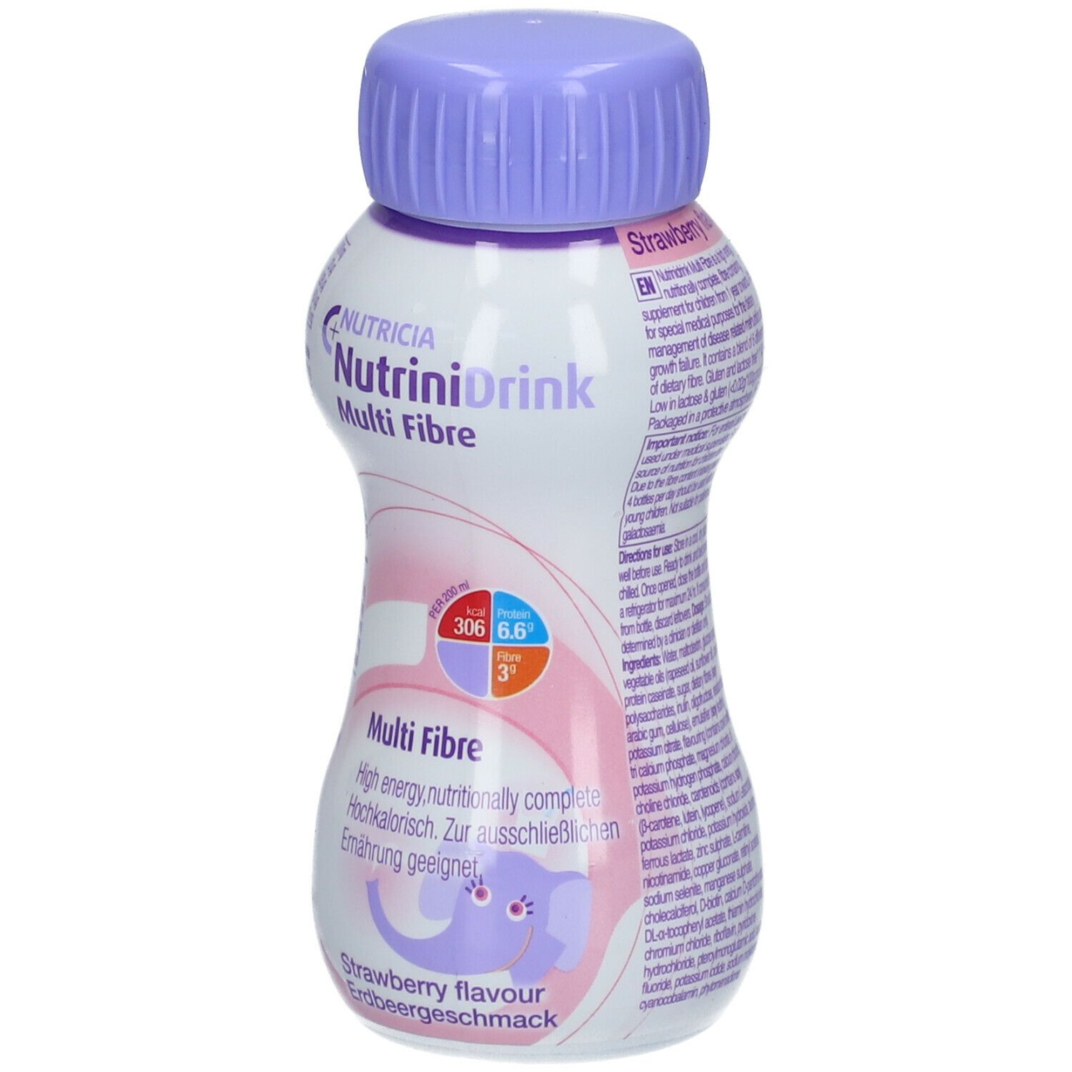Flasche NutriniDrink Multi Fibre Erdbeere. Weiß, rosa und lila. Deckel lila. Aufschrift: NutriniDrink Multi Fibre, Erdbeergeschmack.