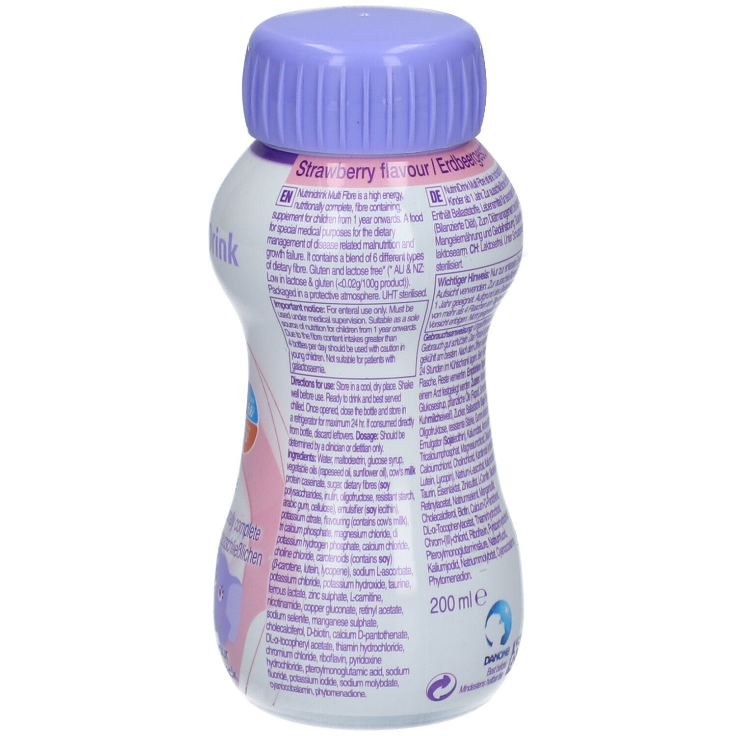 Rückseite der Flasche NutriniDrink Multi Fibre. Enthält Text in mehreren Sprachen, Nährwertangaben und Herstellerinformationen.