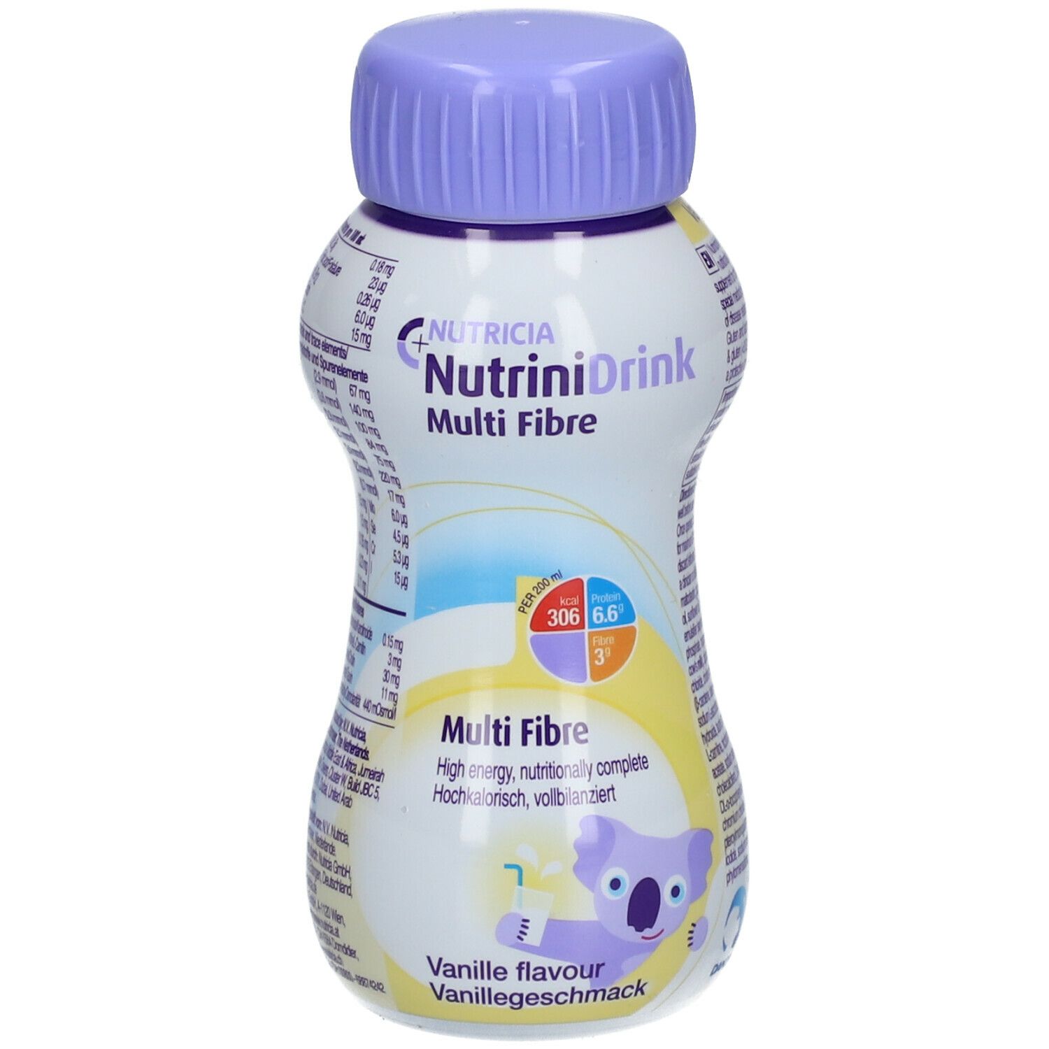 Bouteille NutriniDrink Multi Fibre Vanille. Bouchon violet, étiquette blanche avec informations et illustration de koala.